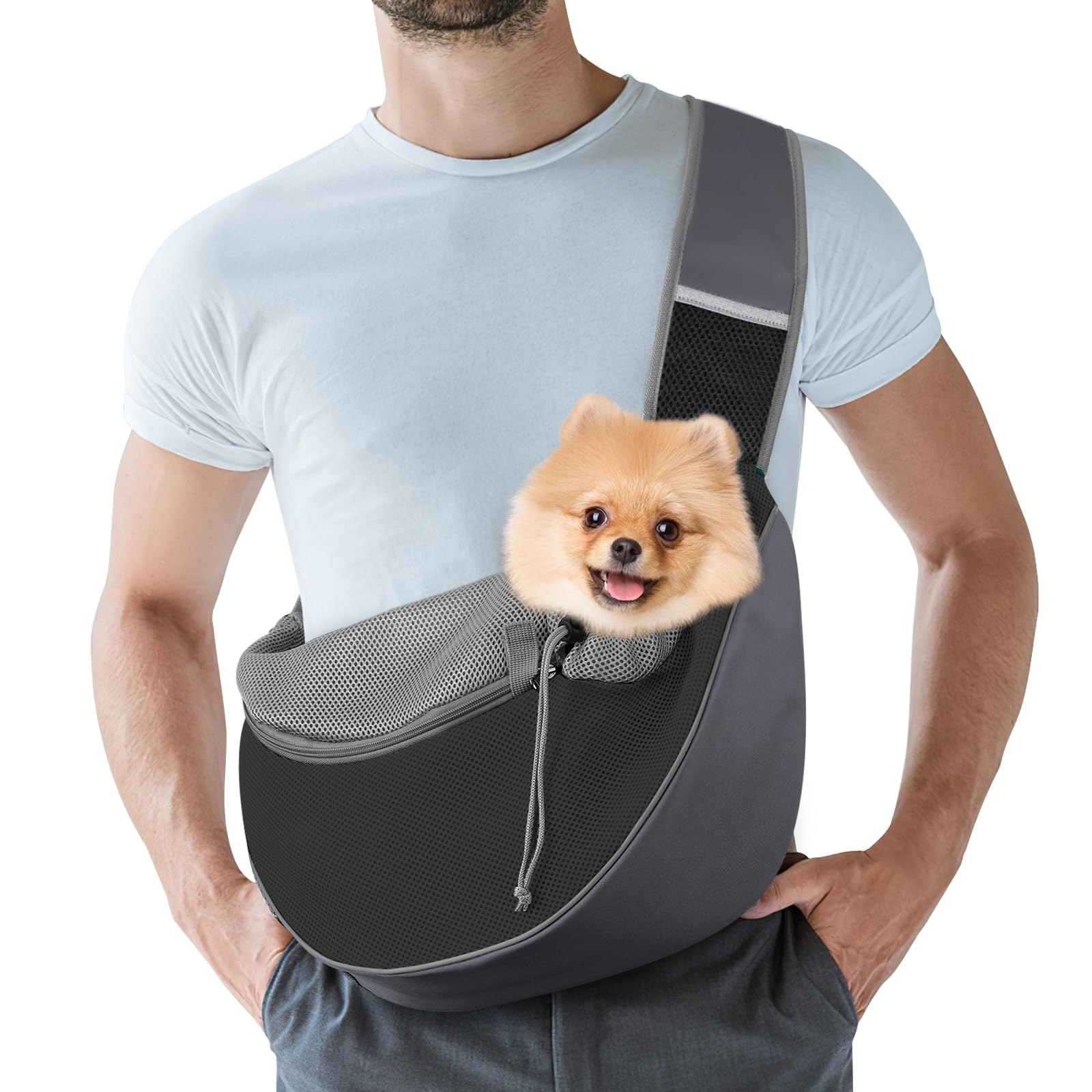 Pawaboo Zaino per Cani e Gatti, Contenitori da Trasporto per Cani, Trasportino da Passeggio con Cordino Regolabile, in Rete Traspirante e Comoda Tracolla, con 3 Tasche, Taglia L, Grigio Scuro + Nero