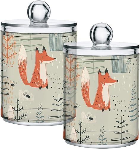 Miniatura 1 de Paquete de 2 tarros de boticario para baño, lindo zorro, dispensador de plástico transparente con tapa para bola de algodón, hisopo de algodón