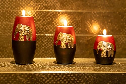 Miniatura 9 de IYARA CRAFT 3 portavelas de madera, candelabros decorativos con incrustaciones de elefante antiguo de aluminio, detalles intrincados, acabado de