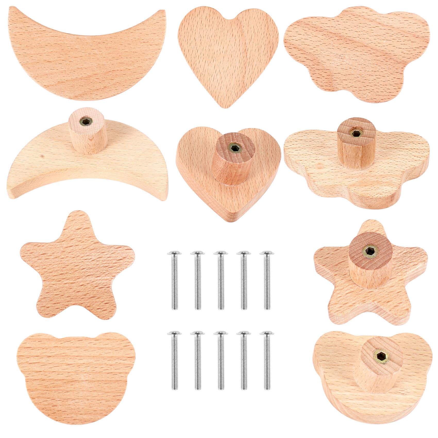 10 pezzi Maniglie e Pomelli per Cassetti Cameretta, Consistenza Naturale Stelle, Orsacchiottoluna e Nuvole Pomelli per Cassetti, Bambini Pomelli per Mobili Bambini