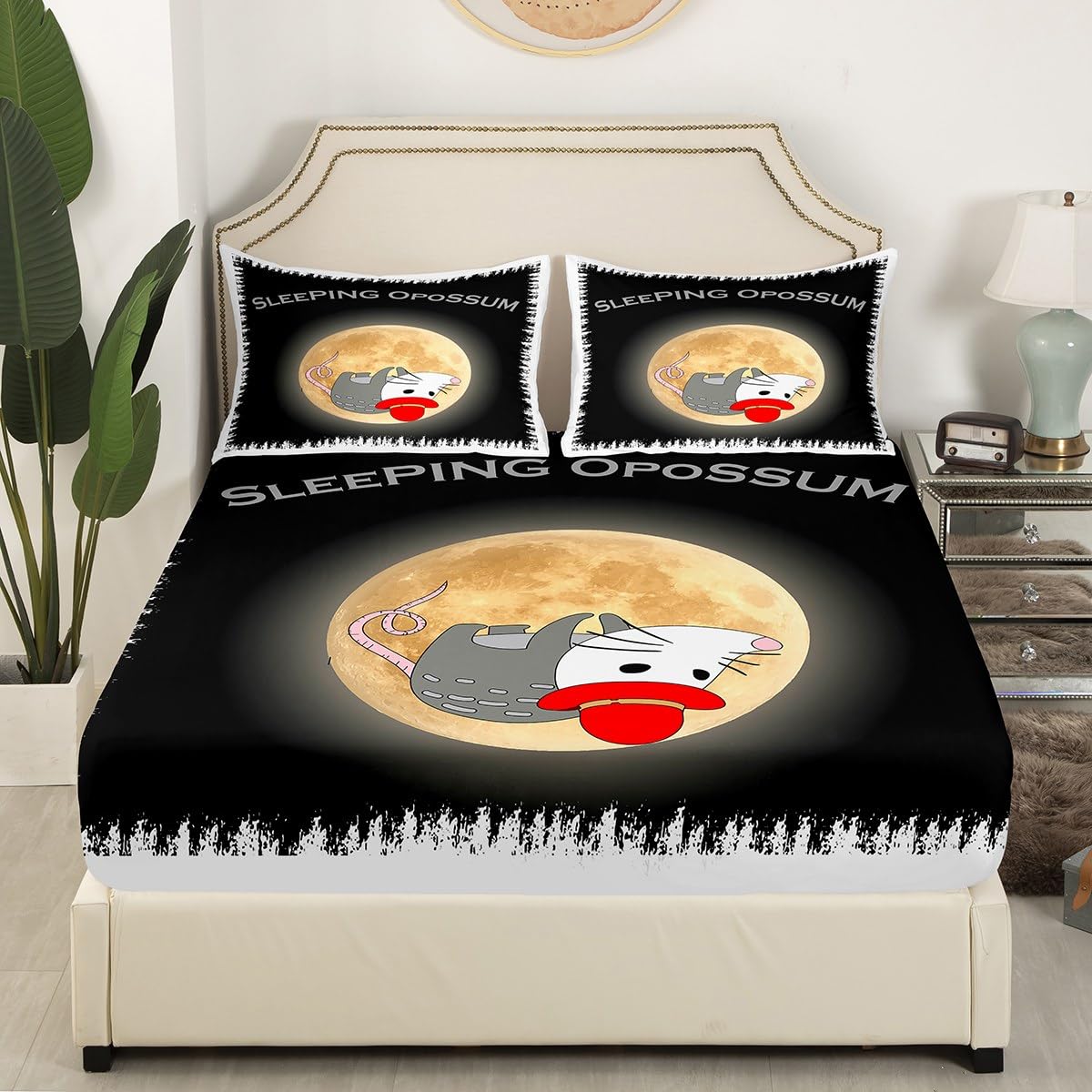 Set di lenzuola per letto matrimoniale con opossum, per bambini, donne e uomini, ultra morbide, idea regalo, set di biancheria da letto con opossum imbottito con motivo floreale (lenzuolo