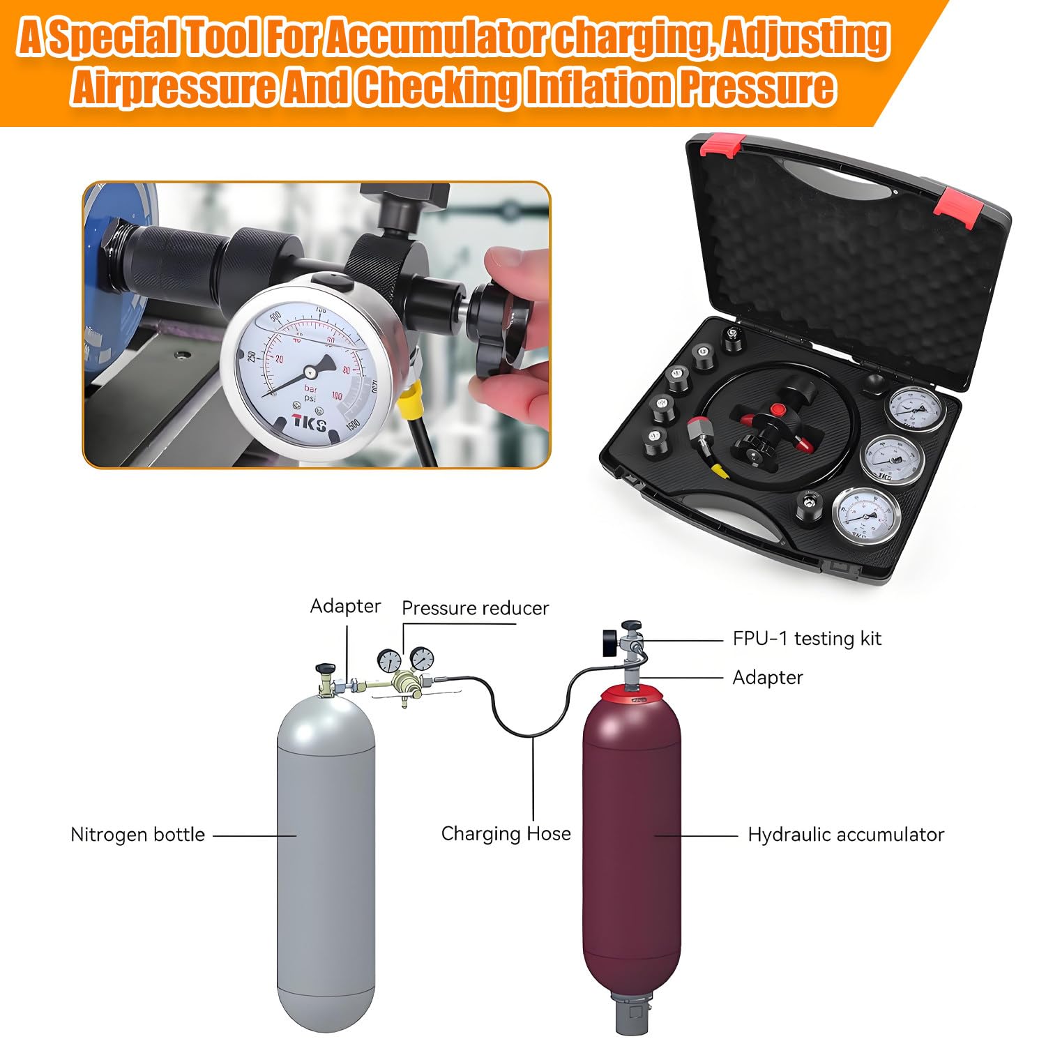 Kit de carga de acumulador de nitrógeno hidráulico, kit de llenado de nitrógeno, herramientas de carga de gas con 3 manómetros, 7 acoplamientos, 1 manguera de gas para sistema de prueba de presión d