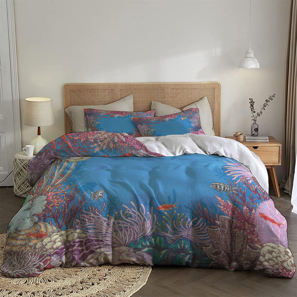 NIBAINLO 布団カバーサンゴと魚の水中海洋テーマ 肌に優しい ピーチスキン加工 掛け布団カバー 和式 洋式 あったか 布団カバーセット リバーシブル ホームステイ ホテル 家庭兼用