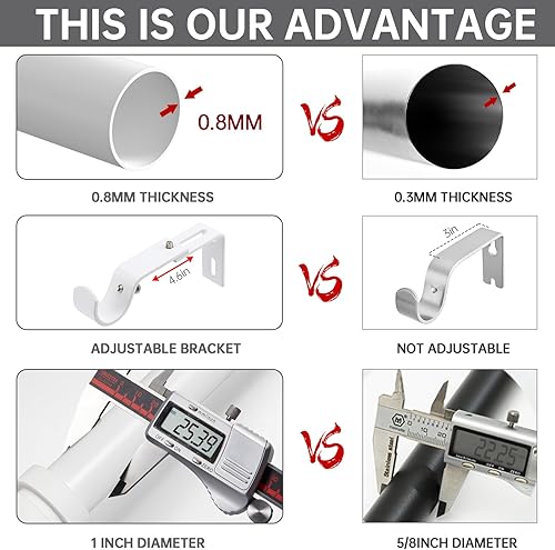 Miniatura 4 de Truseren Barras de cortina blancas para ventanas de 66 a 120 pulgadas, modernas barras de cortina resistentes de 1 pulgada con remates simples de