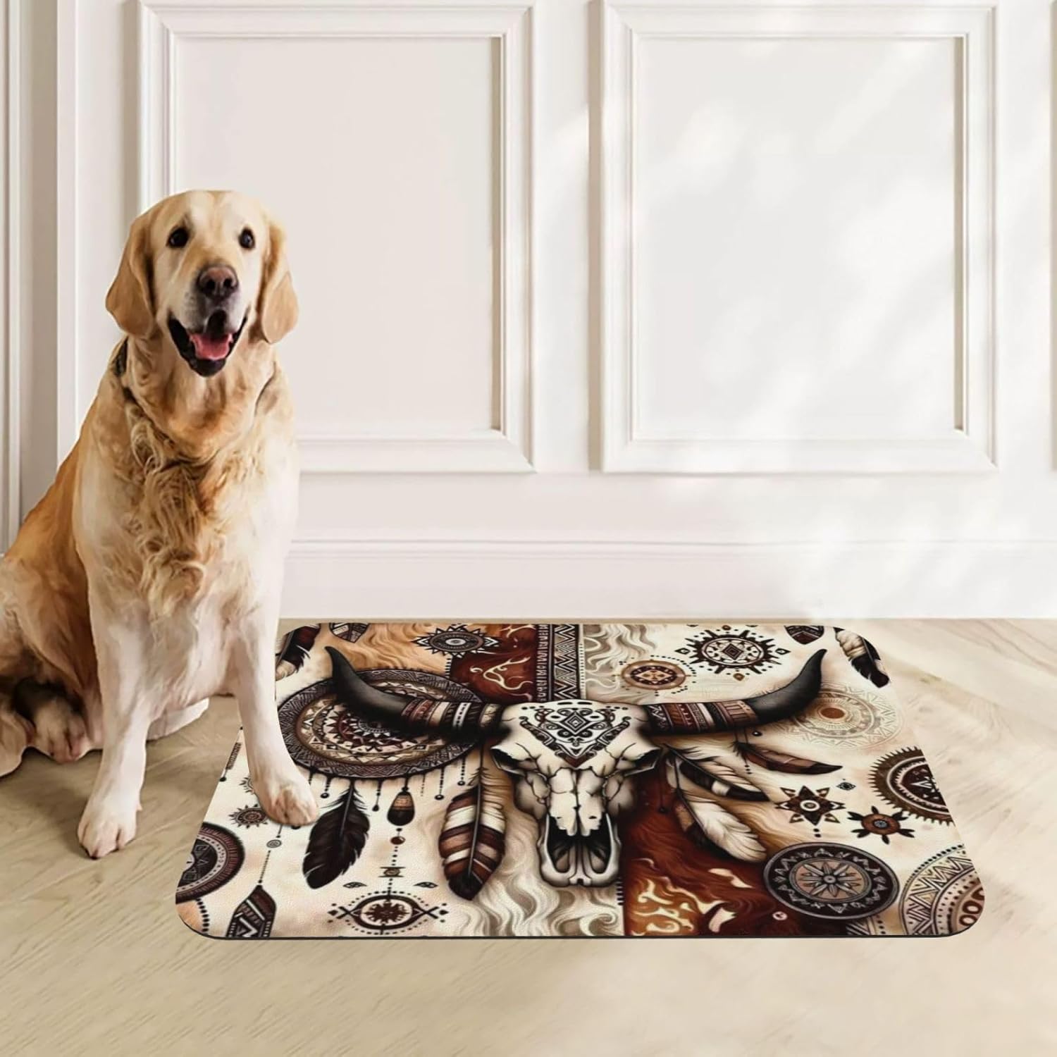 Texas Native Medicine Wheel Bull Skull Pet Feeding Mat-Absorbent Quick Dry Pet Cat Dog Food Mat Non Slip Waterproof Rubber Dish Placemat