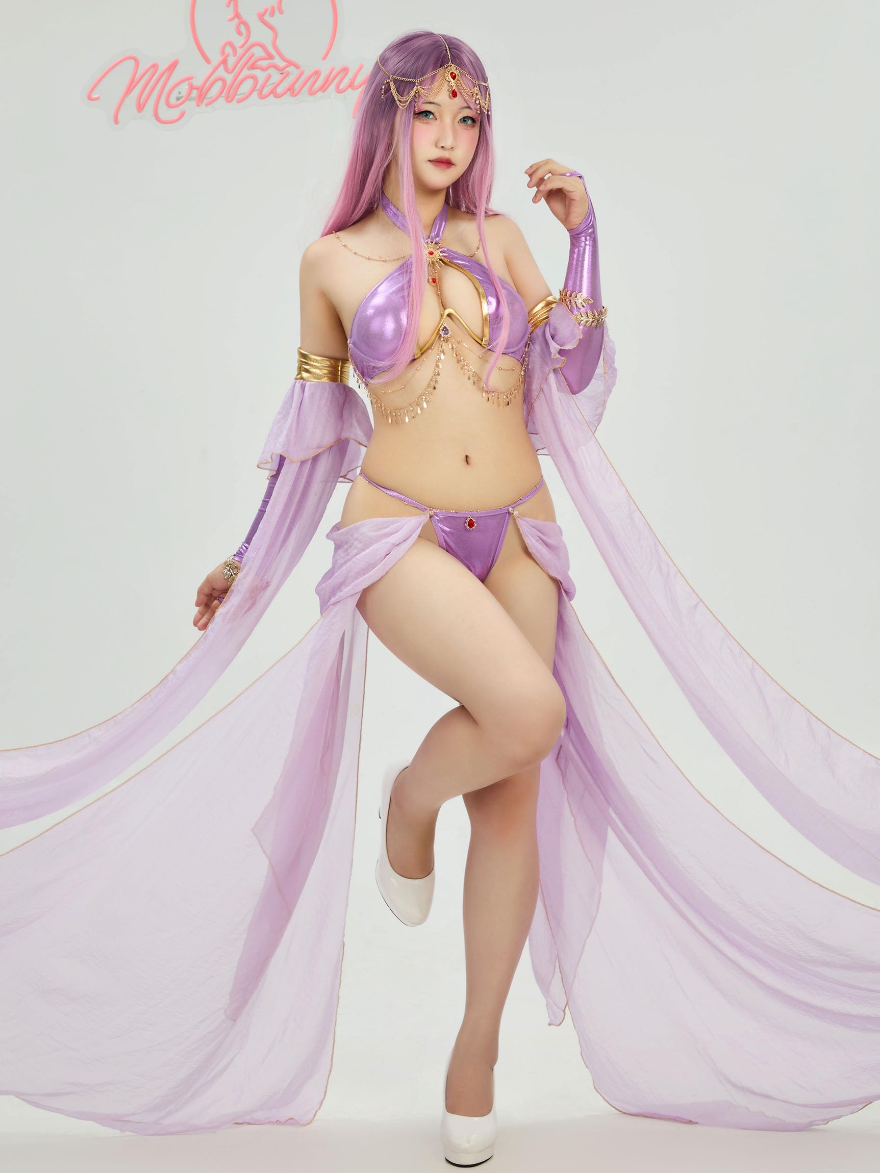 Mobbunny Women's Anime Cosplay Costume Purple Elf Style Gauzy Dress Halter Top and Panty Set with Sleeves Princess Costume