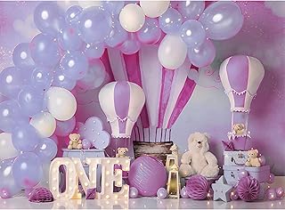 Purple Background Hot Air Balloon Clouds Bear Girl 1st Birthday Party Cake Smash Backdrop Photo Studio Baby Shower Banner Photo Booth Props,7x5ft