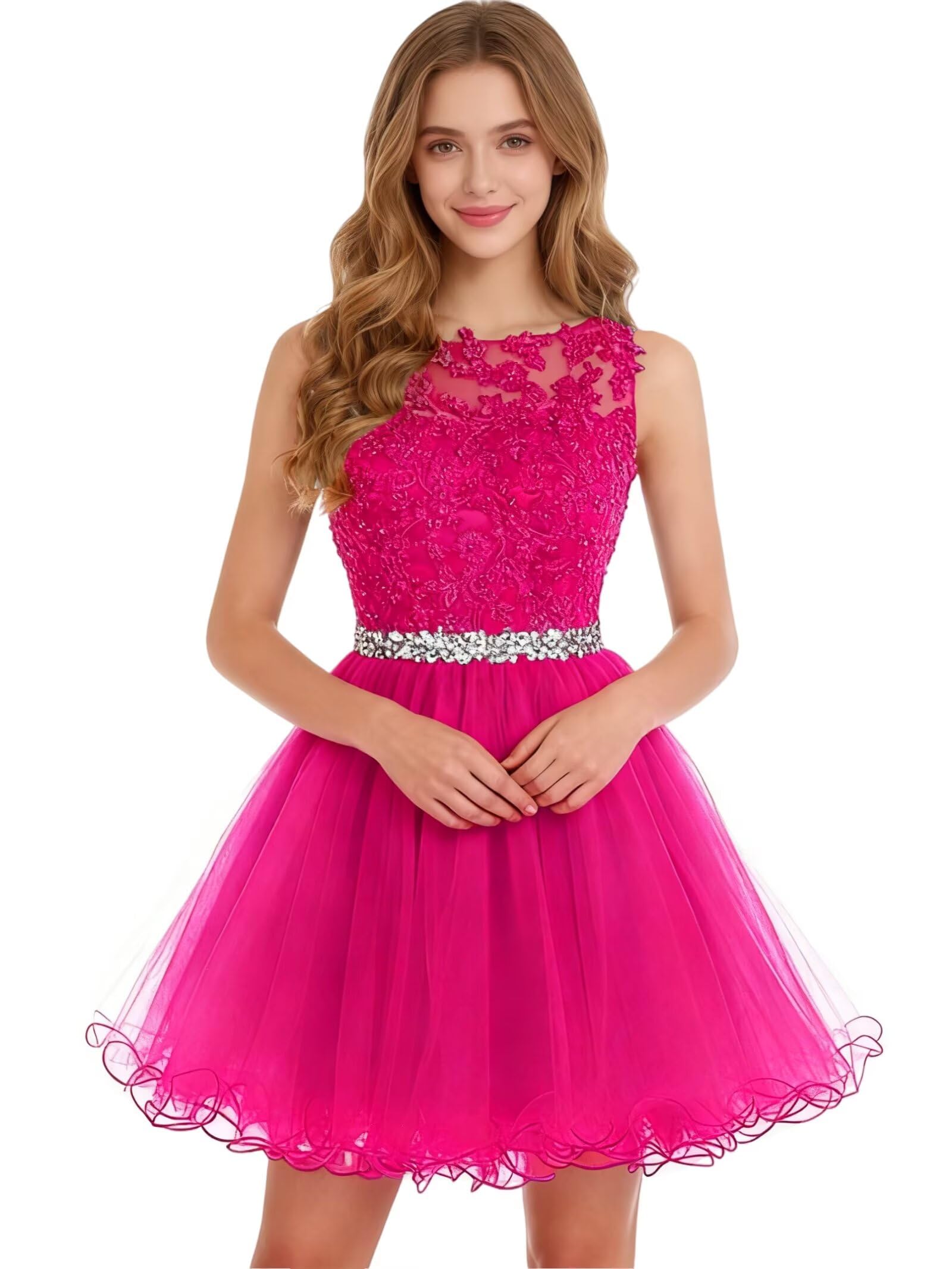 Dydsz Womens Scoop Appliques Homecoming Dress Short Cocktail Party Gown