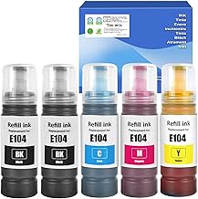 E104 Compatible Ink Bottles 5 Colours for Printers ET-2710 ET-2711 ET-2712 ET-2714 ET-2715 ET-2720 ET-2721 ET-2726 ET-2810 ET-2811 ET-2812 ET-2814 ET-2815 ET-2820 ET-2821 ET-4800