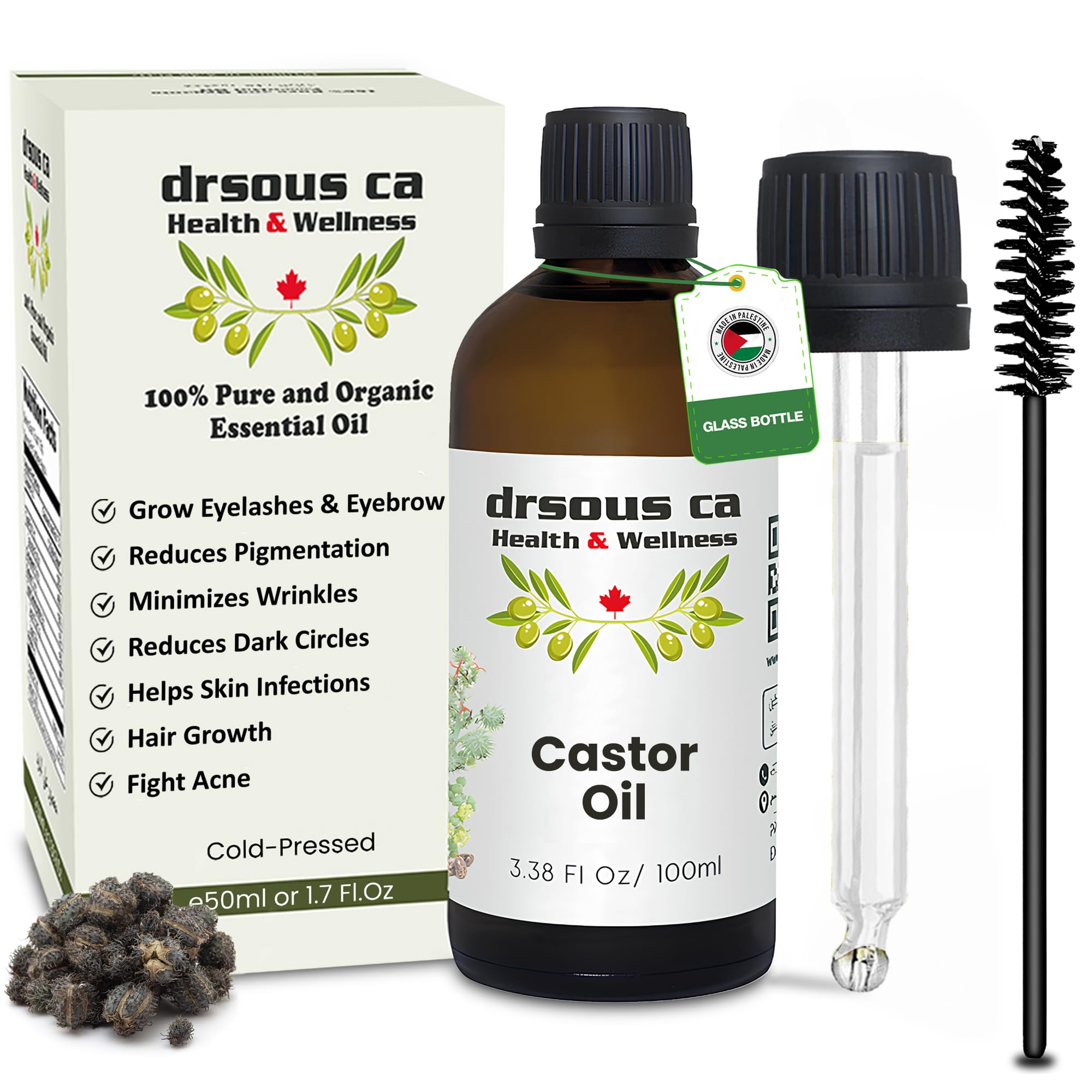 Drsous Ca Organic Castor Oil 100ml | 100% Pure Cold Pressed Hexane Free Castor Oil for Hair Growth, Eyelashes and Eyebrows | Skin Moisturiser with Vitamin E | Made in Palestine