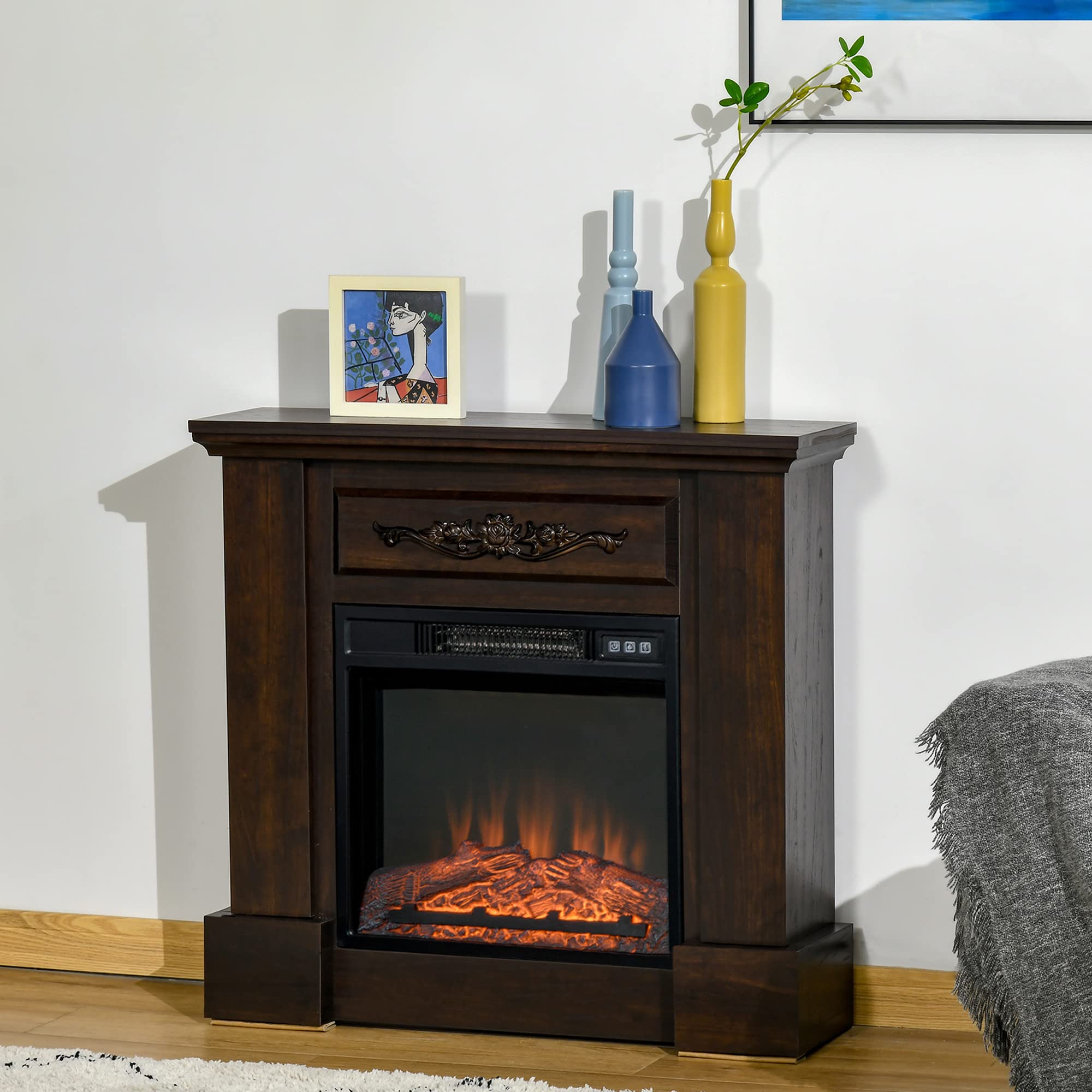 Amazon.com: HOMCOM 31.75 W x 29.75 H Electric Fireplace Mantel TV Stand,  Media Console Center Cabinet with Remote Control, 1400W, Brown : Home u0026  Kitchen