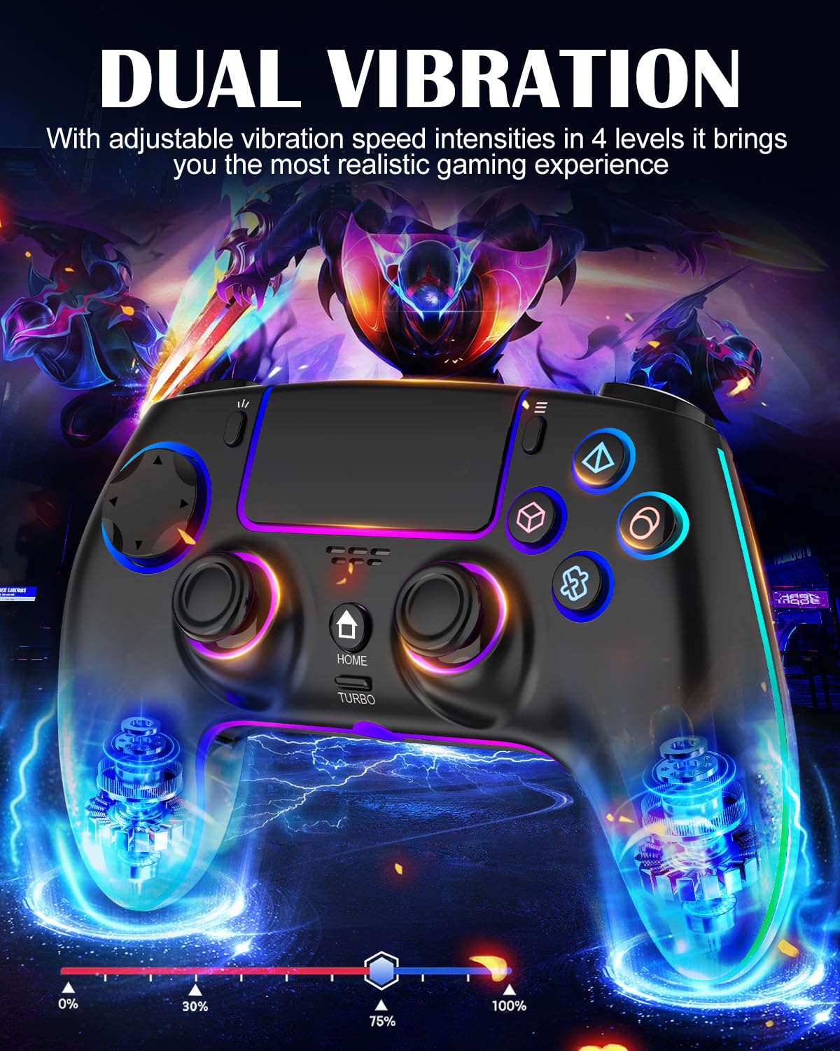 MYSTILUCK Controller Wireless per PS4/PS3/Pro/PC/MAC/iOS/Android/Steam Deck, Controllore con illuminazione RGB 7 Colori/Joystick Effect Hall/Doppia Vibrazione/Turbo/Jack Cuffie/Batteria 1500 mAh