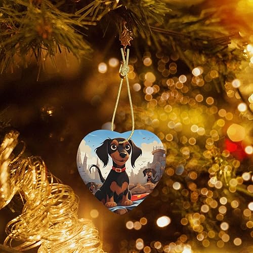 Miniatura 6 de I Love My Dog Dachshunds Adornos de Navidad de cerámica adorno de corazón para árbol de Navidad, corazón colgante de cerámica para árbol de Navidad,