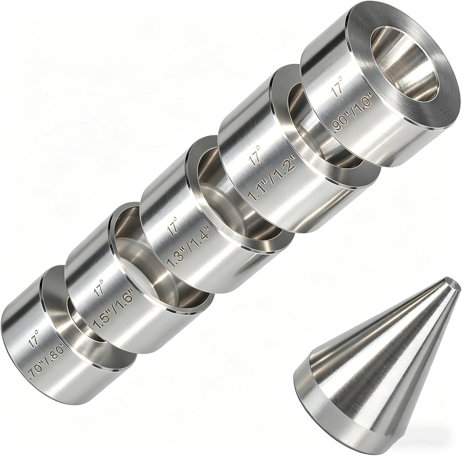 17 Degree Coin Ring Folding & Reduction Die Set, 5PCS Stainless Steel Coin Ring Making Tools with Centering Cone, Fits 0.70" to 1.6" Coins for DIY Jewelry Crafting