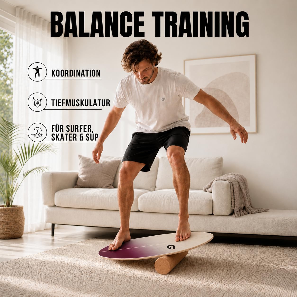 Glory Boards® Balance Board – Handmade - 100% Birkenholz - Inklusive Korkrolle - Optimal für Gleichgewichts- & Krafttraining, Für Einsteiger & Fortgeschrittene, Indoor & Outdoor