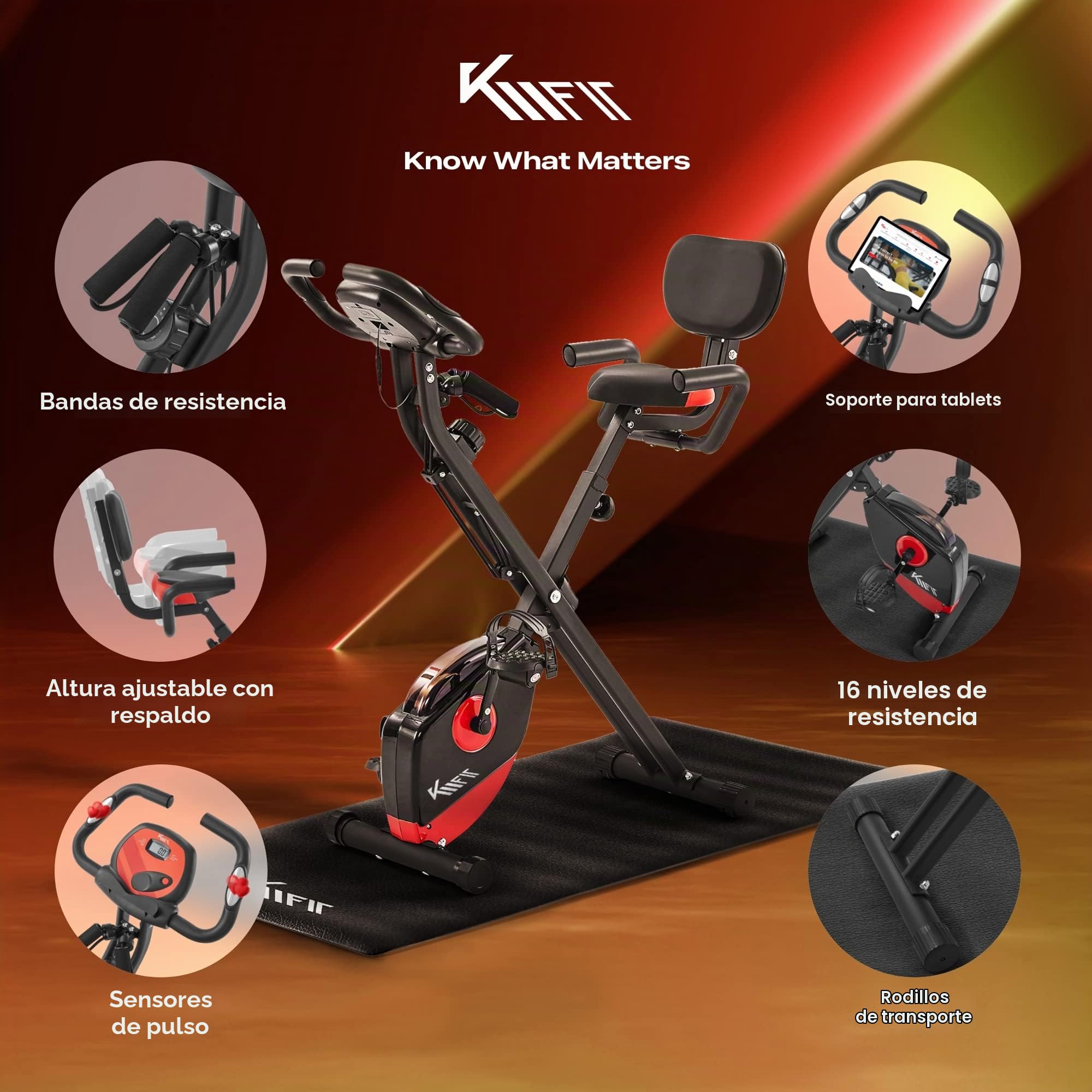 KM Fit 2en1 Bicicleta estatica con pantalla LCD | Bicicleta estatica plegable | Entrenador 16 niveles de resistencia | Sensores de pulso | incl. alfombrilla y soporte para móvil