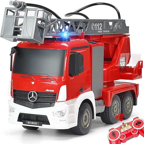 Miniatura 7 de DOUBLE E Benz - Semircamión con control remoto autorizado con 2 baterías, remolque de 2.4 GHz, tractor de grúa de remolque de cama plana,