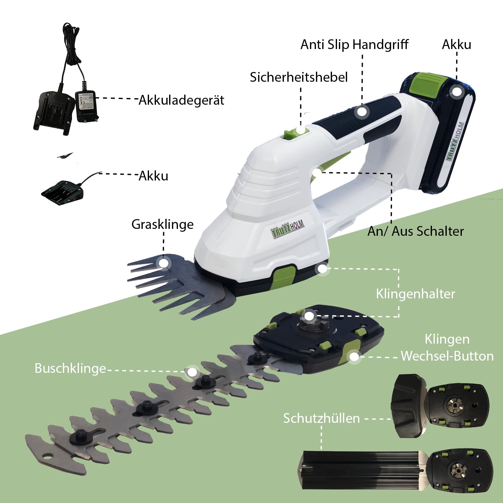 TRUTZHOLM 2-in-1 Akku Rasentrimmer mit 20V 2.0Ah L-Ionen, 10 cm Gras- und 20 cm Strauchklinge, Grasschere, Rasenkantentrimmer, Rasenschere, Strauchschere, Heckenschere und Ladegerät
