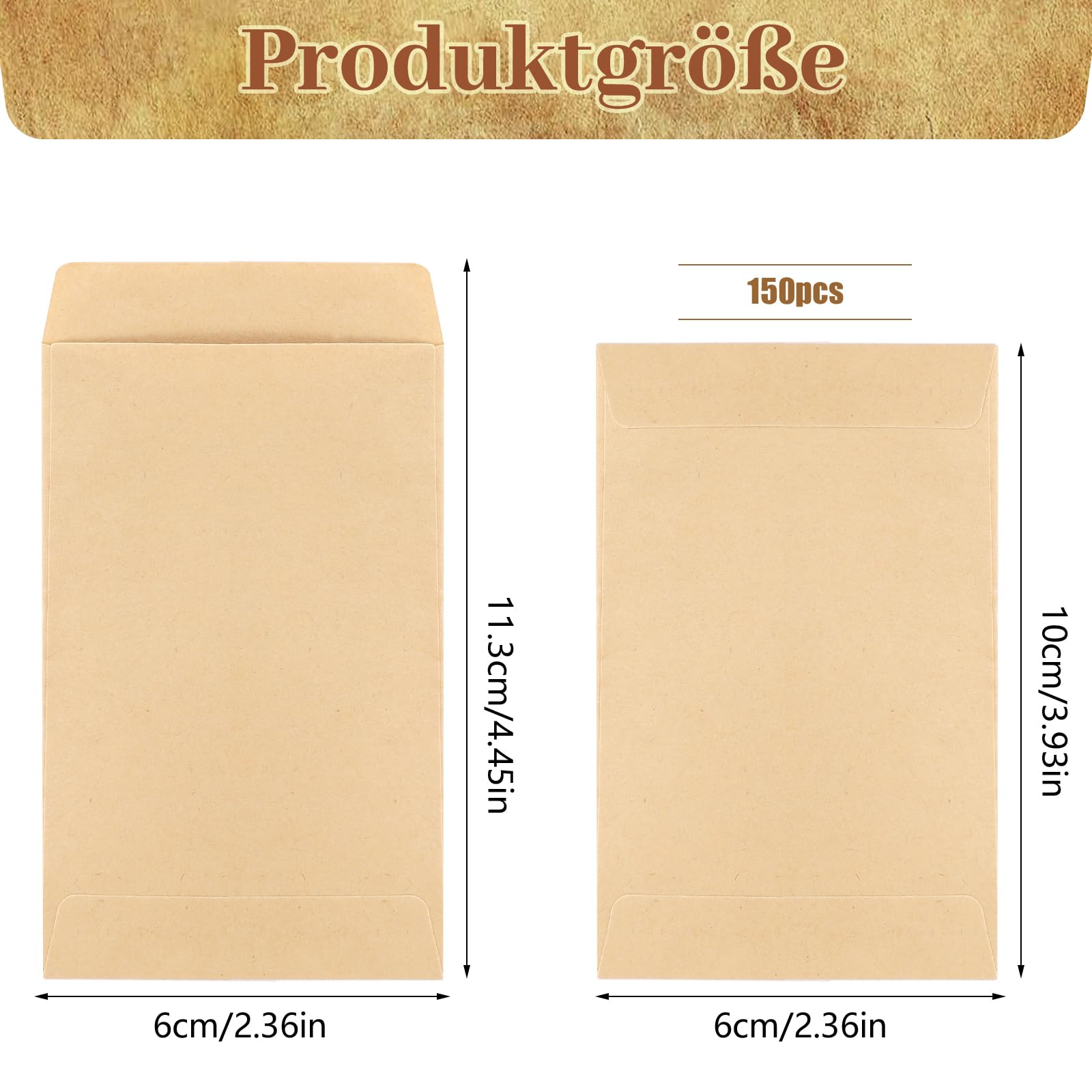 150 sztuk małych torebek papierowych, 6 x 10 cm, mini torebki papierowe do napełniania, płaskie torebki, mini torebki z papieru typu kraft, na nasiona, ramadan, monety, Walentynki, Wielkanoc (brązowe)
