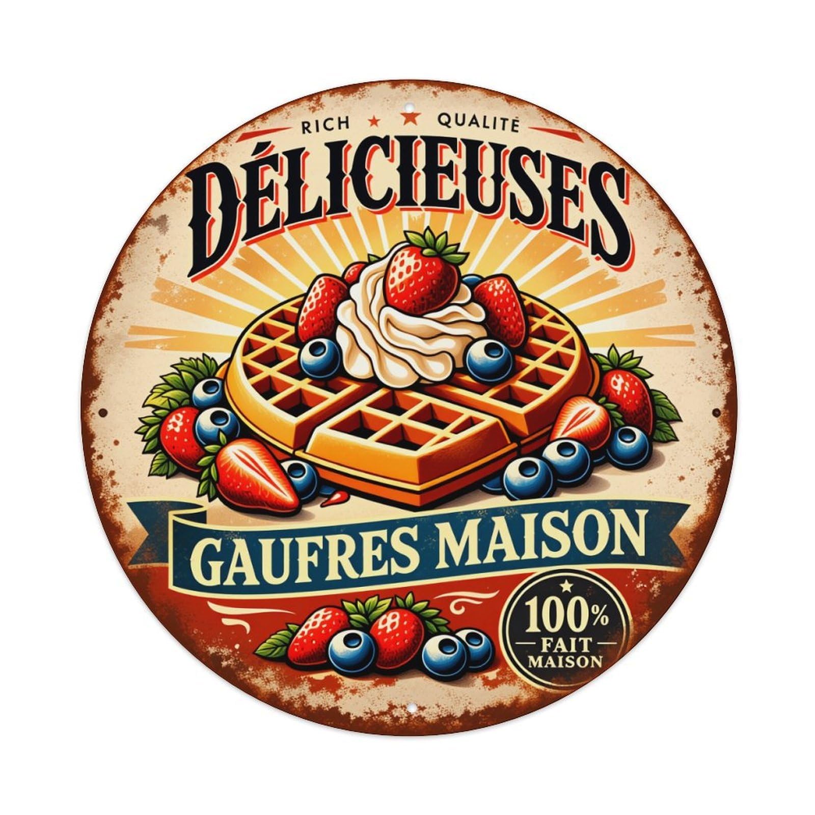 Waffle Strawberry Blueberry Cream Berry Vintage Metal Tin Sign Retro Wall Decor for Home Bar Garage Cafe, Indoor & Outdoor Decorative，circle Metal Poster, 8x8 Inch