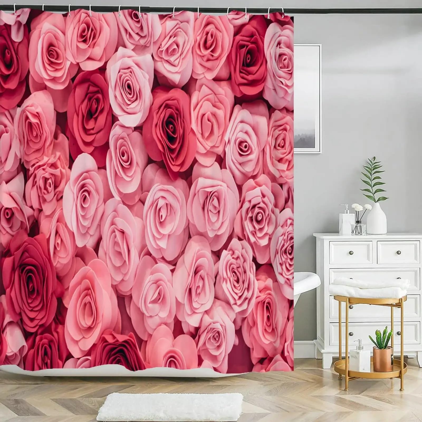 Rideau de douche fleurs colorées en polyester rose imperméable de 90x195cm pour la salle de bain