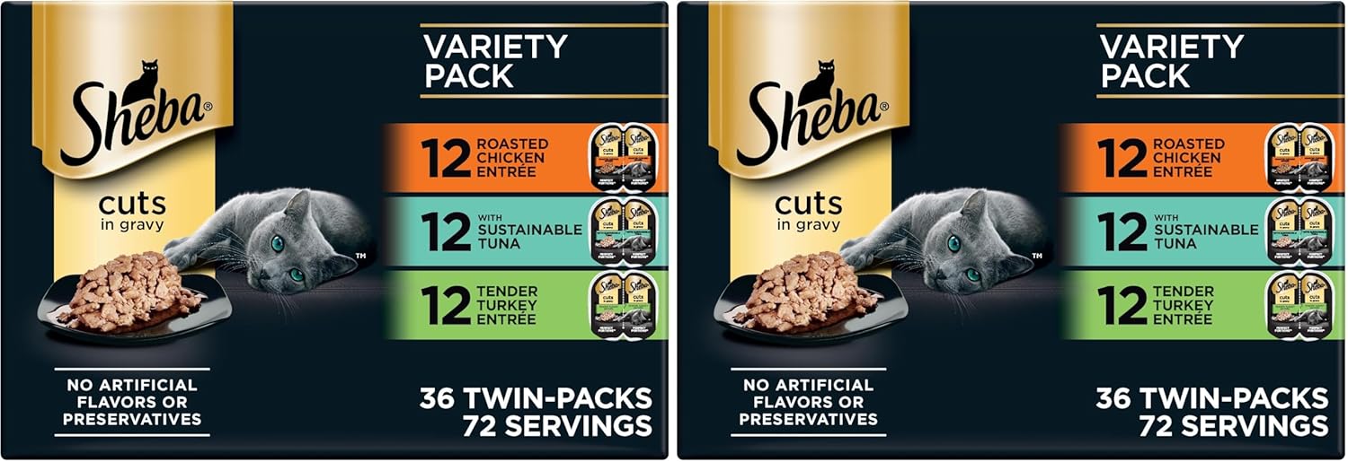 Sheba Perfect Portions Wet Cat Food Cuts in Gravy,Roasted Chicken Entree,with Sustainable Tuna,Tender Turkey Entree,2.6 oz. Twin-Pack Trays (,72 Servings),36 Count (Pack of 2)