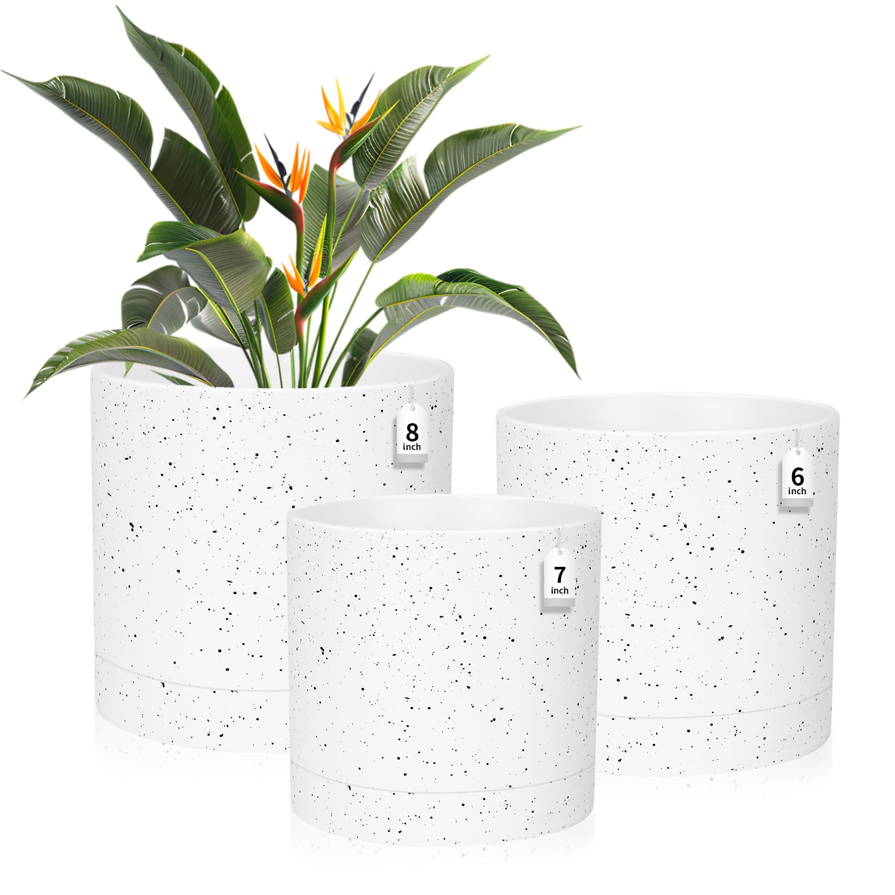 CSYY Plant Pots Indoor, Plastic Plant Pots, Flower Pots Outdoor Self Watering Indoor Plant Pot with Drainage Holes and Tray, Plastic Planter for Garden House Plants (White and Black, 8/7/6in)