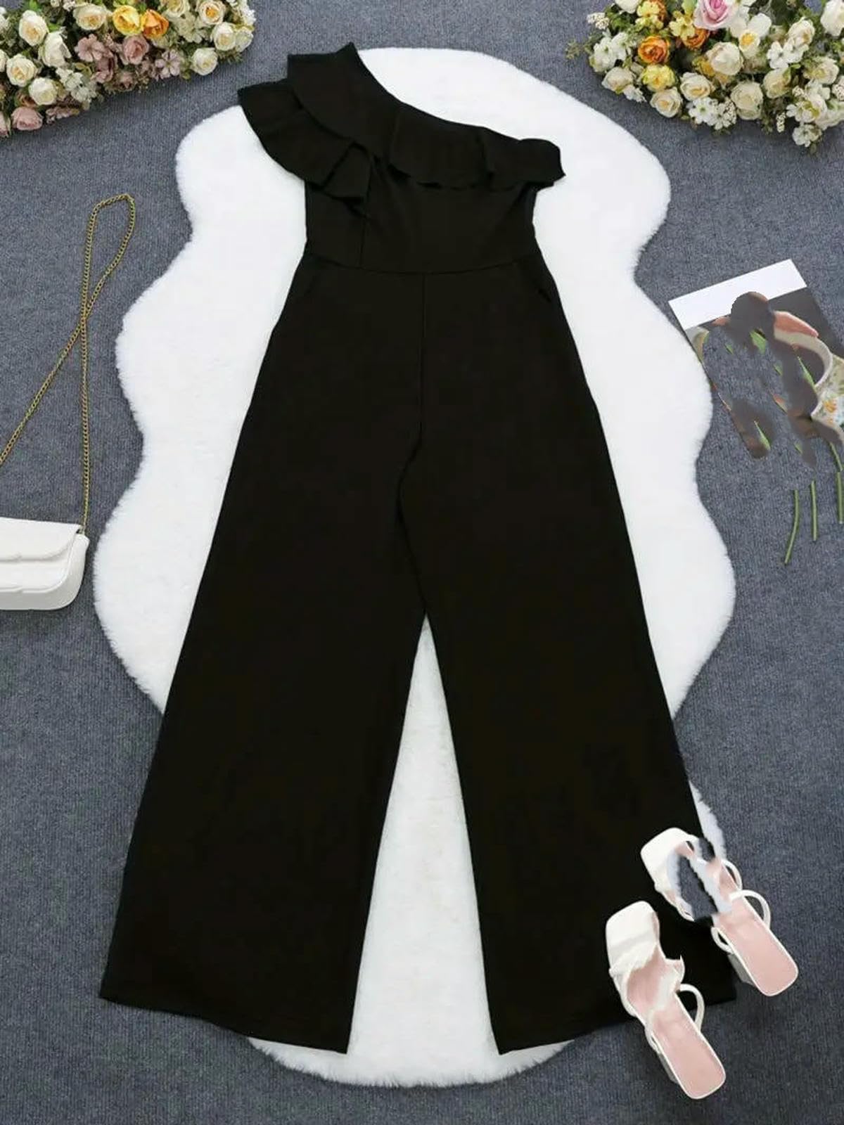Mono De Verano Pantalones De Mujer De Pierna Ancha con Volantes En Los Hombros Y Cintura Que Estilizan La Figura.