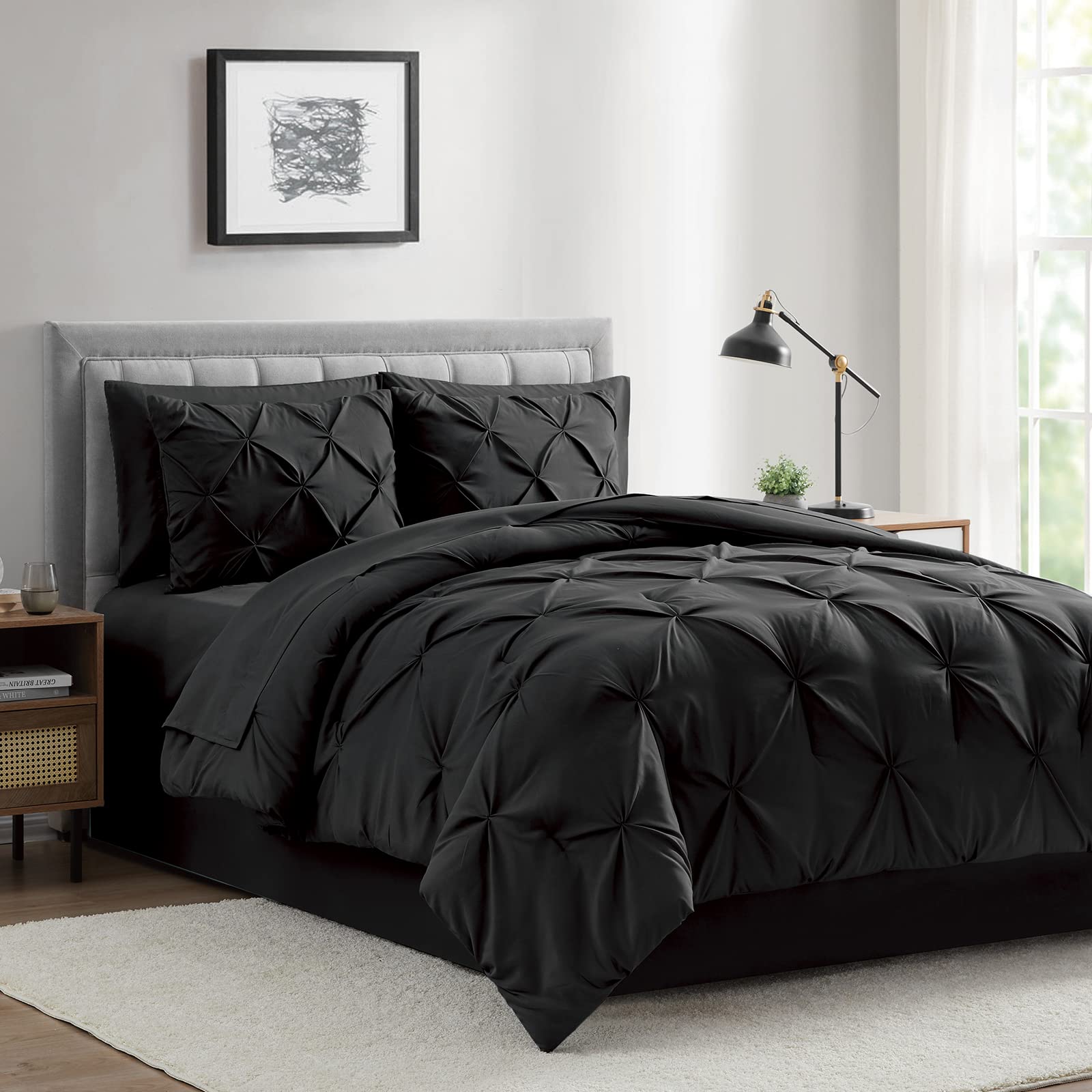 BOURINAComforter Sets 8 Pieces - Pleat Quilted Soft Warm Oversized Microfiber Comforter Set,Black Queen (88x88inch)
