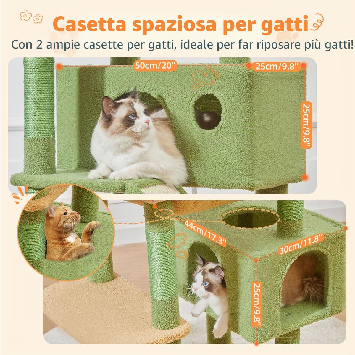 Taoqimiao Tiragraffi per Gatti, 180cm Stabile Tiragraffi per Gatti Adulti xxl con 2 Grotte,1 Amaca, 1 Cestini, 8 Pali Graffiatoi, 2 piattaforme, Materiale di Flanella Morbida, Verde MSC026L
