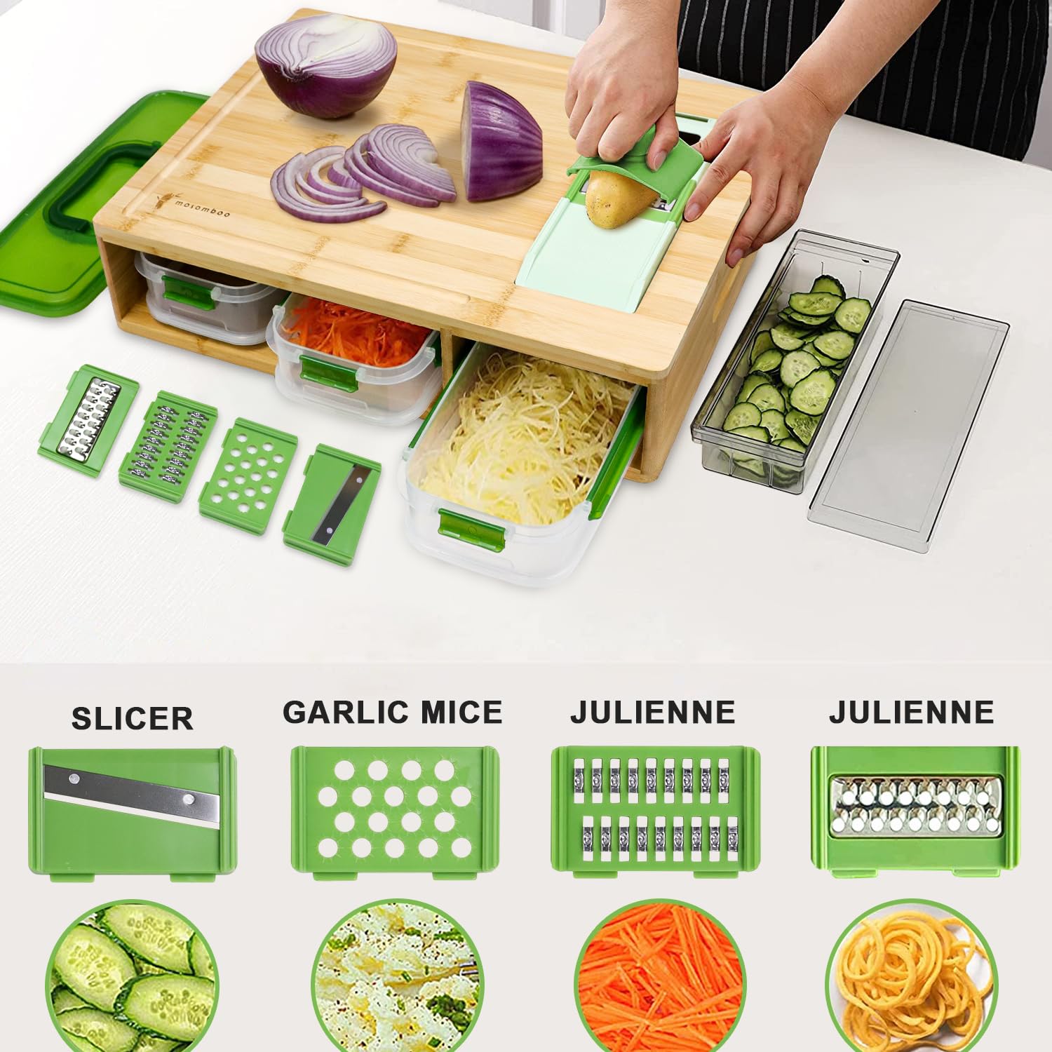 Tabla de cortar de bambú con recipientes, juego de tabla de cortar extragrande con 3 recipientes apilables, 4 ralladores, tapa de bloqueo, ranura para jugo, estación de preparación de comidas
