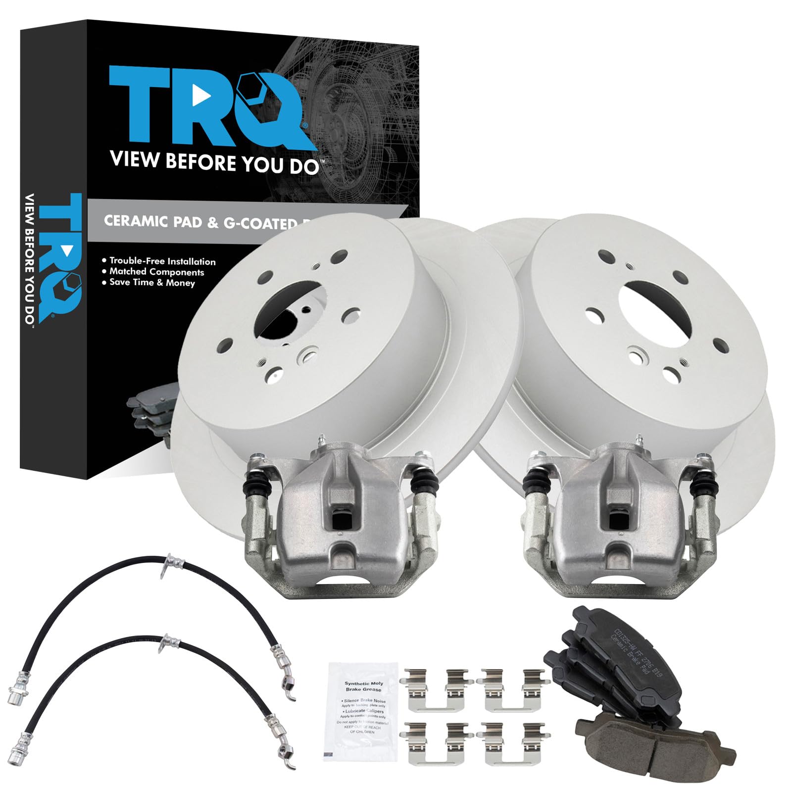 TRQ Rear Brake Pad and Rotor Set Ceramic Coated Rotors Calipers Compatible with 2008-2013 Toyota Highlander