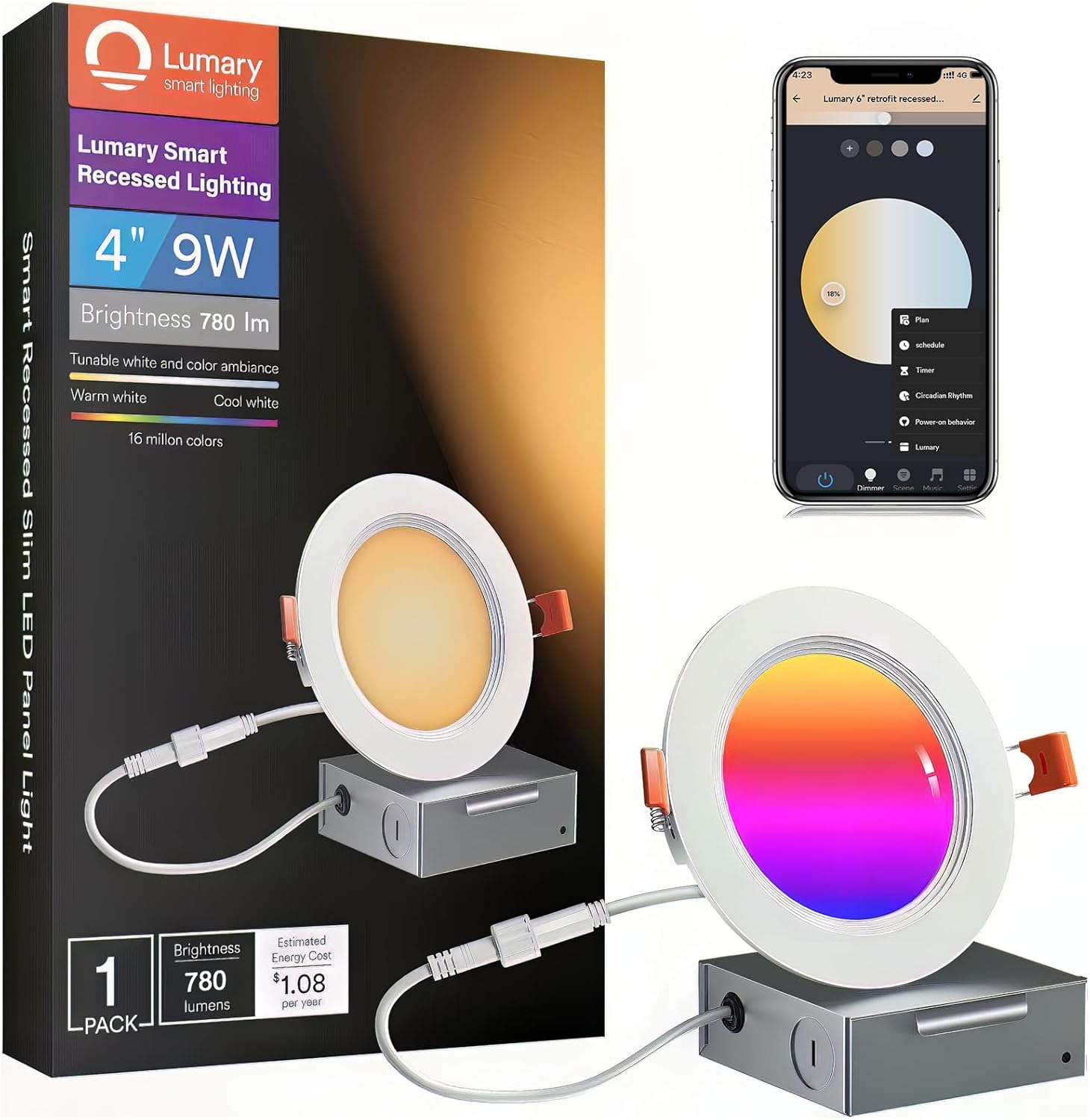 Lumary Smart Recessed Lighting 4 Inch, Canless WiFi Led Recessed Lights 9W, RGBWW Ceiling Downlight with Junction Box Ultra-Thin and Anti-Glare Trim Work with Alexa/Google Assistant/BT Remote 1PACK Lumary Smart Recessed Lighting 4 Inch, Canless WiFi Led Recessed Lights 9W, RGBWW Ceiling Downlight with Junction Box Ultra-Thin and Anti-Glare Trim Work with Alexa/Google Assistant/BT Remote 1PACK