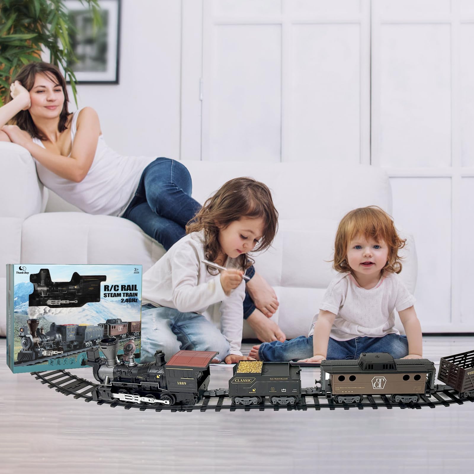 Elektrisch treinstel speelgoed Retro-kerstspoorlijn met geluiden, licht, spray en oplaadbare accu, inclusief locomotief, wagons, kaartscène, decoratie onder de kerstboom, voor kinderen vanaf 3 jaar