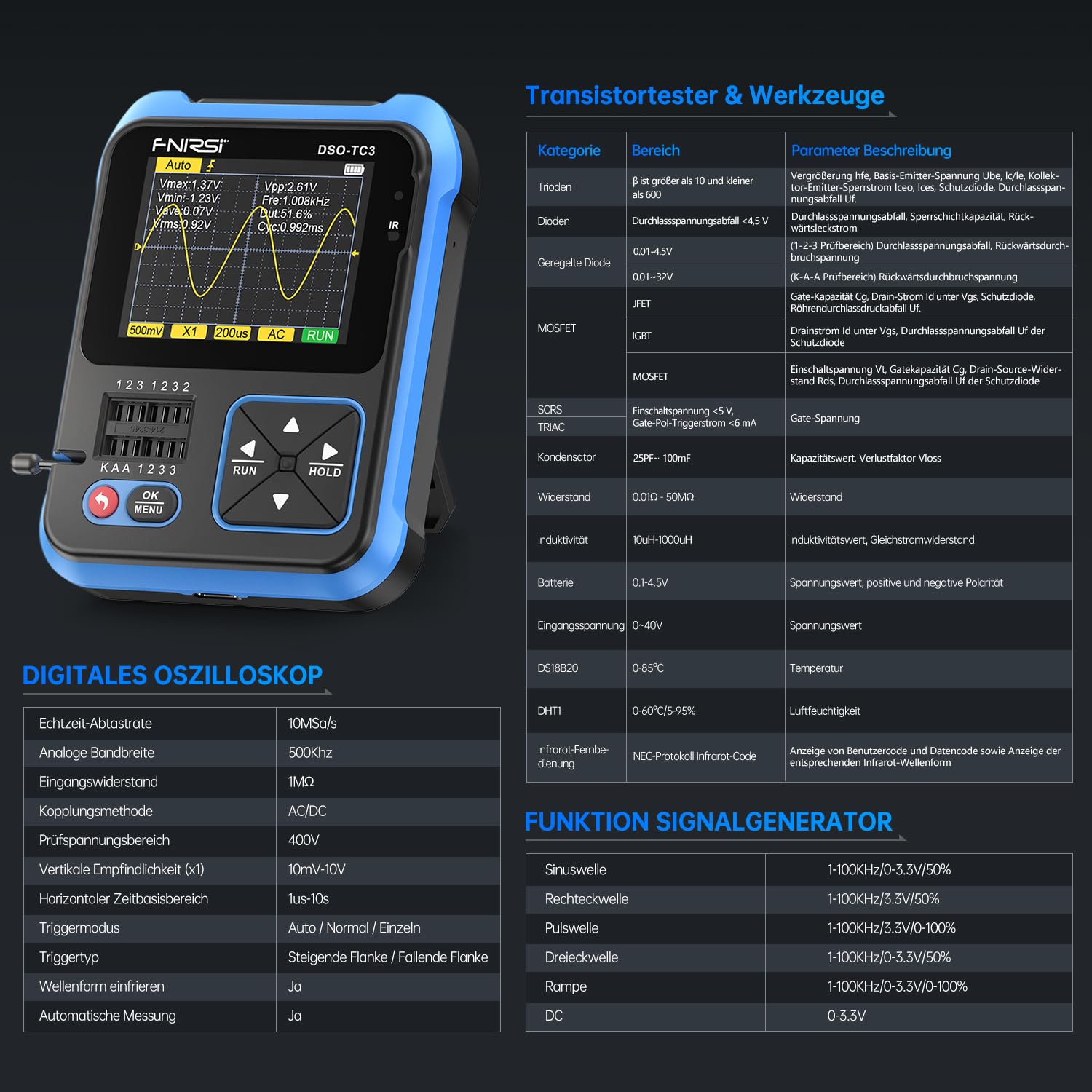 FNIRSI DSO-TC3 Oszilloskop – 3IN1 Handoszilloskop & DDS Signalgenerator & Transistortester, 500kHz Bandbreite, 10 MSa/s Abtastrate, 6 Arten von Wellenformen, Transistormessung