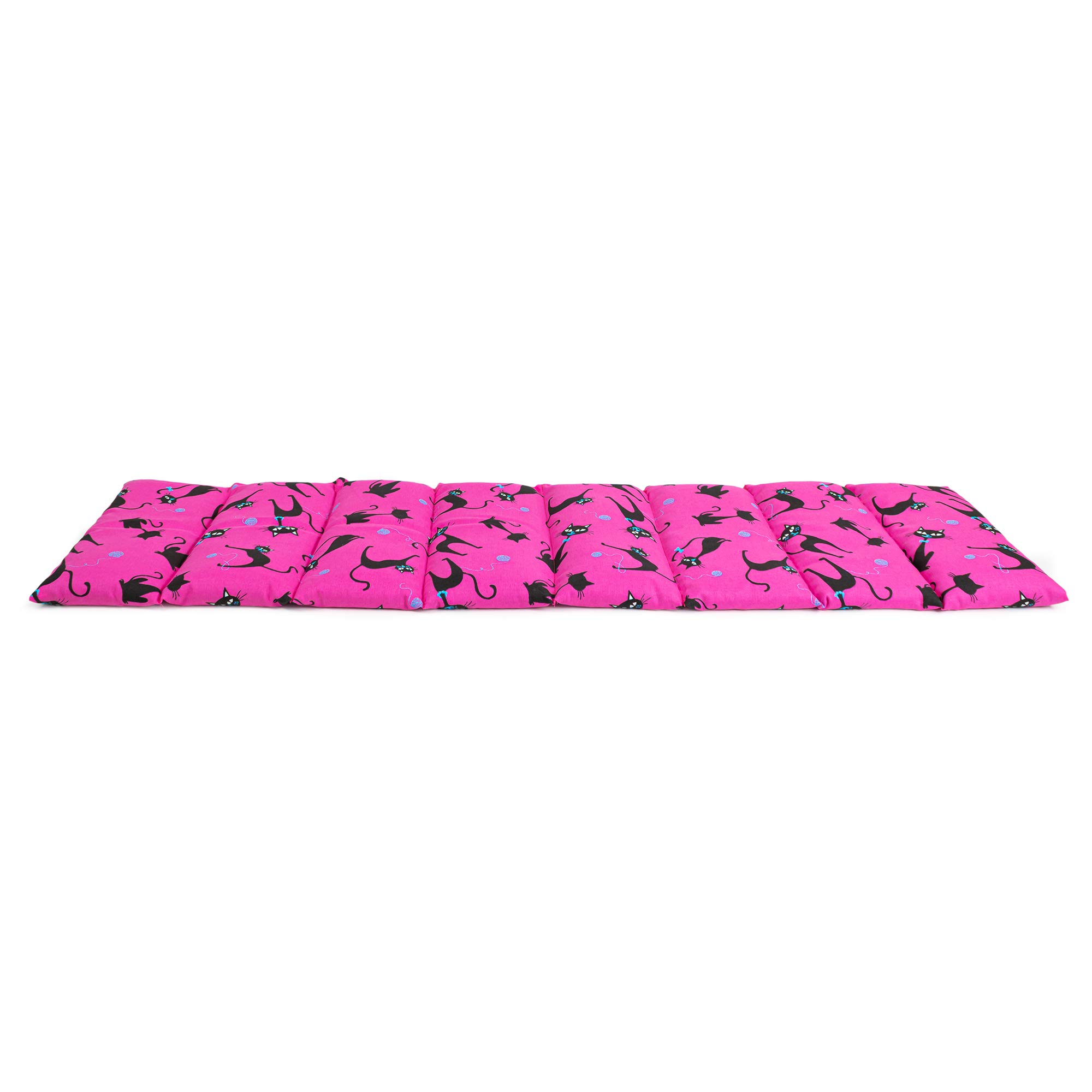 Saco térmico con pepitas de uva compartimentado en 8, 75x20cm - gato negro fondo fucsia - Almohada térmica para microondas - Calor y frío - Cojín térmico con semillas