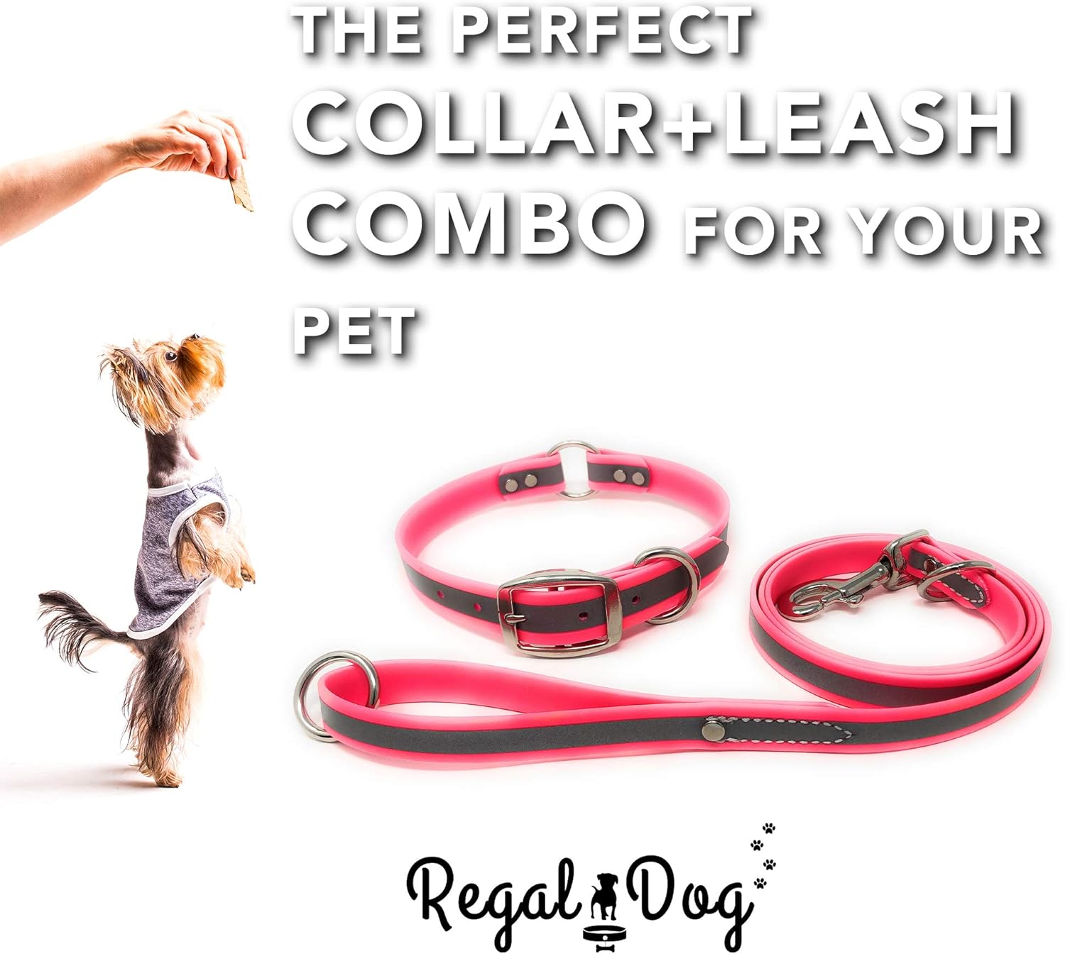 Regal Dog Products Medium Pink Reflective Dog Collar and Leash Set - Waterproof Biothane Dog Collar with Heavy Duty D Ring, Center Ring & 5'ft Leash for Training - Other Sizes for Small & Large Dogs
