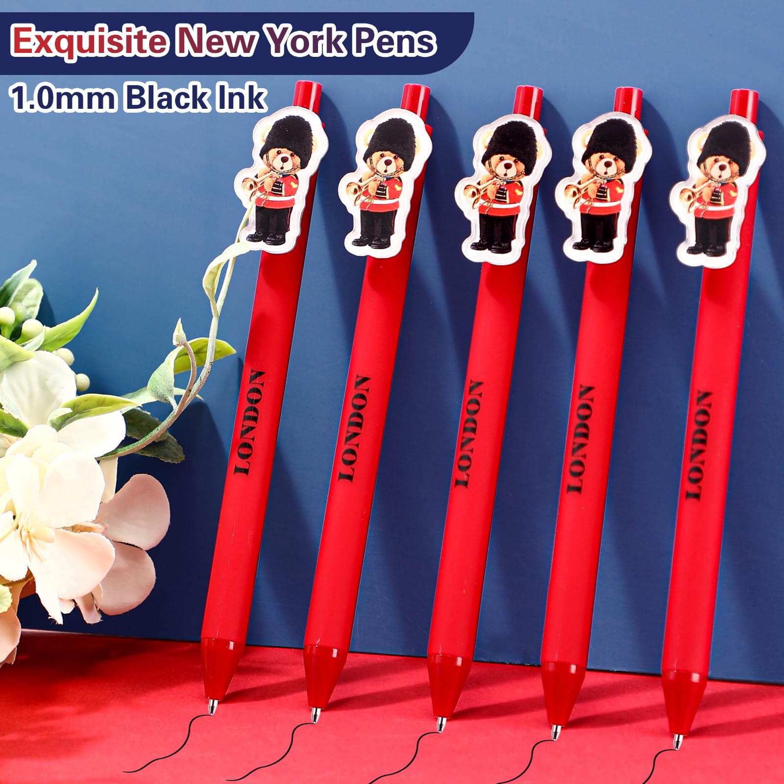 Sayglossy 10 Pcs London Souvenirs Gift Pens British Gifts Bulk London Ballpoint Pens with Guardsman Bear Clip Retractable Black Ink UK Souvenirs for Office Classroom Supplies