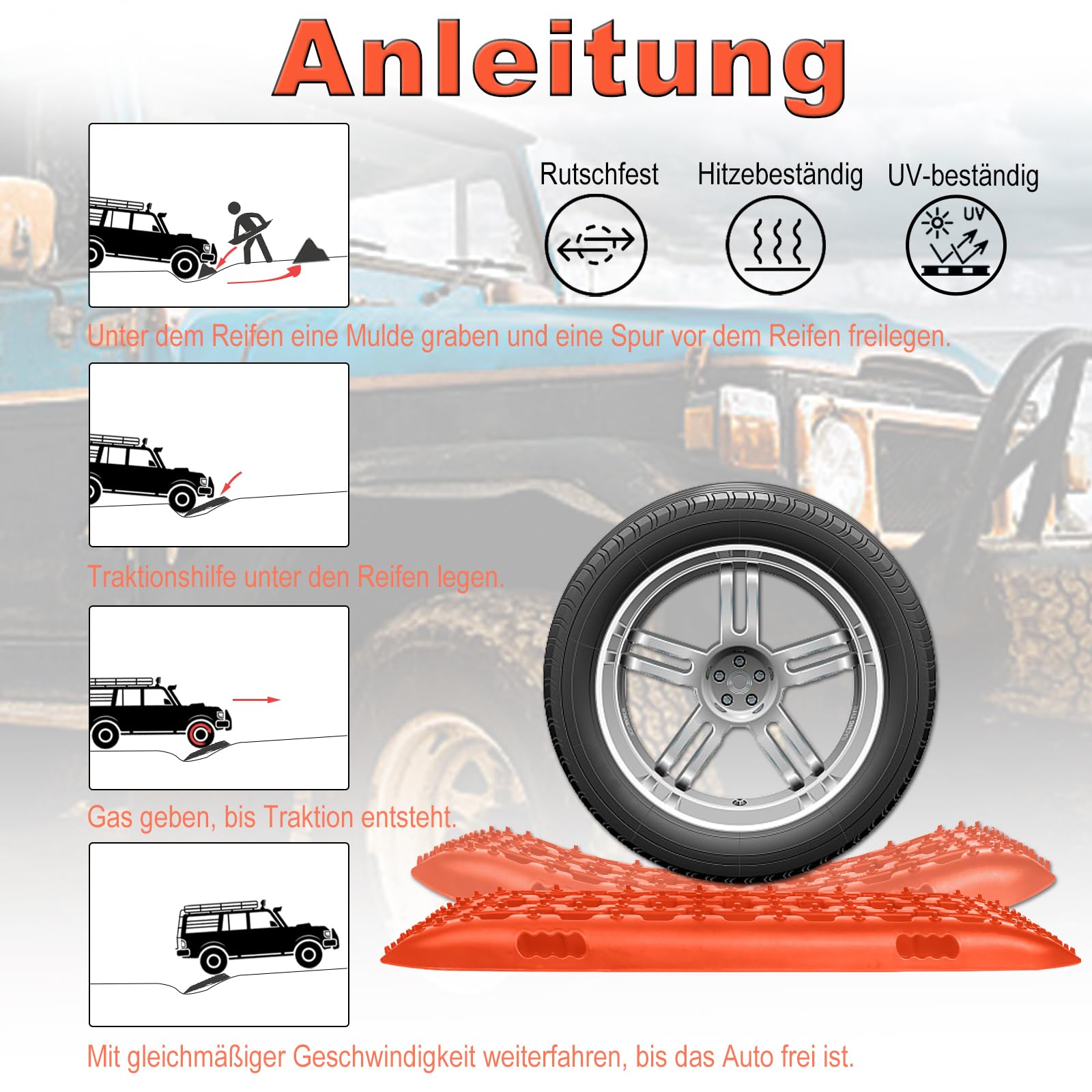 ACXIN 2 Stück Sandbleche Anfahrhilfe – 10T Offroad Recovery Boards Traktionsmatten Traktionshilfe Gripmatten – Offroad Zubehör Reifenleiter für PKW, LKW, Geländewagen, Wohnmobil, Orange