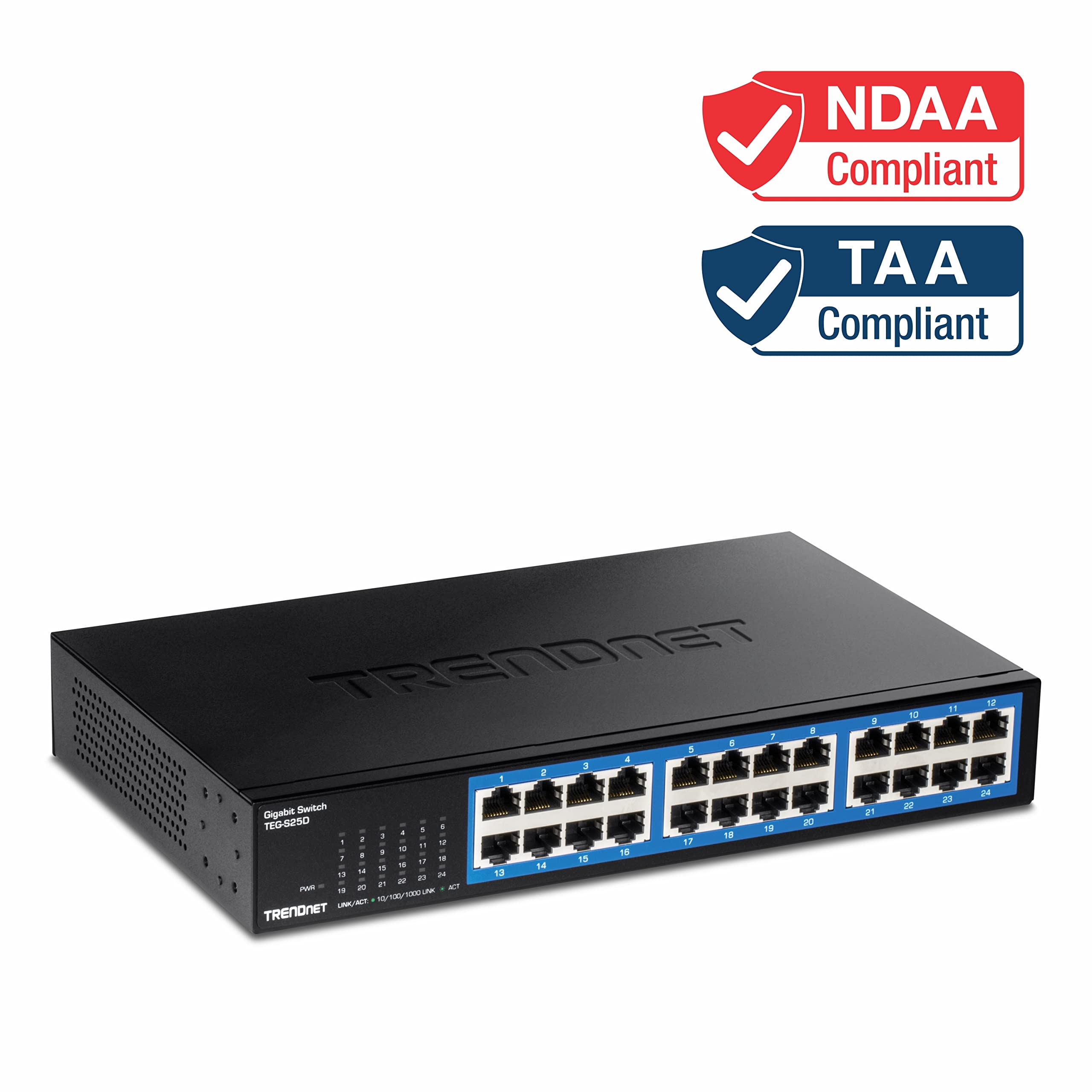 TRENDnet, TEG-S25D, Commutateur de Bureau Gigabit 24 Ports, 24 Ports Gigabit RJ-45, capacité de Commutation 48 Gbit/s, Conception sans Ventilateur, boîtier métallique, Alimentation Interne, Noir