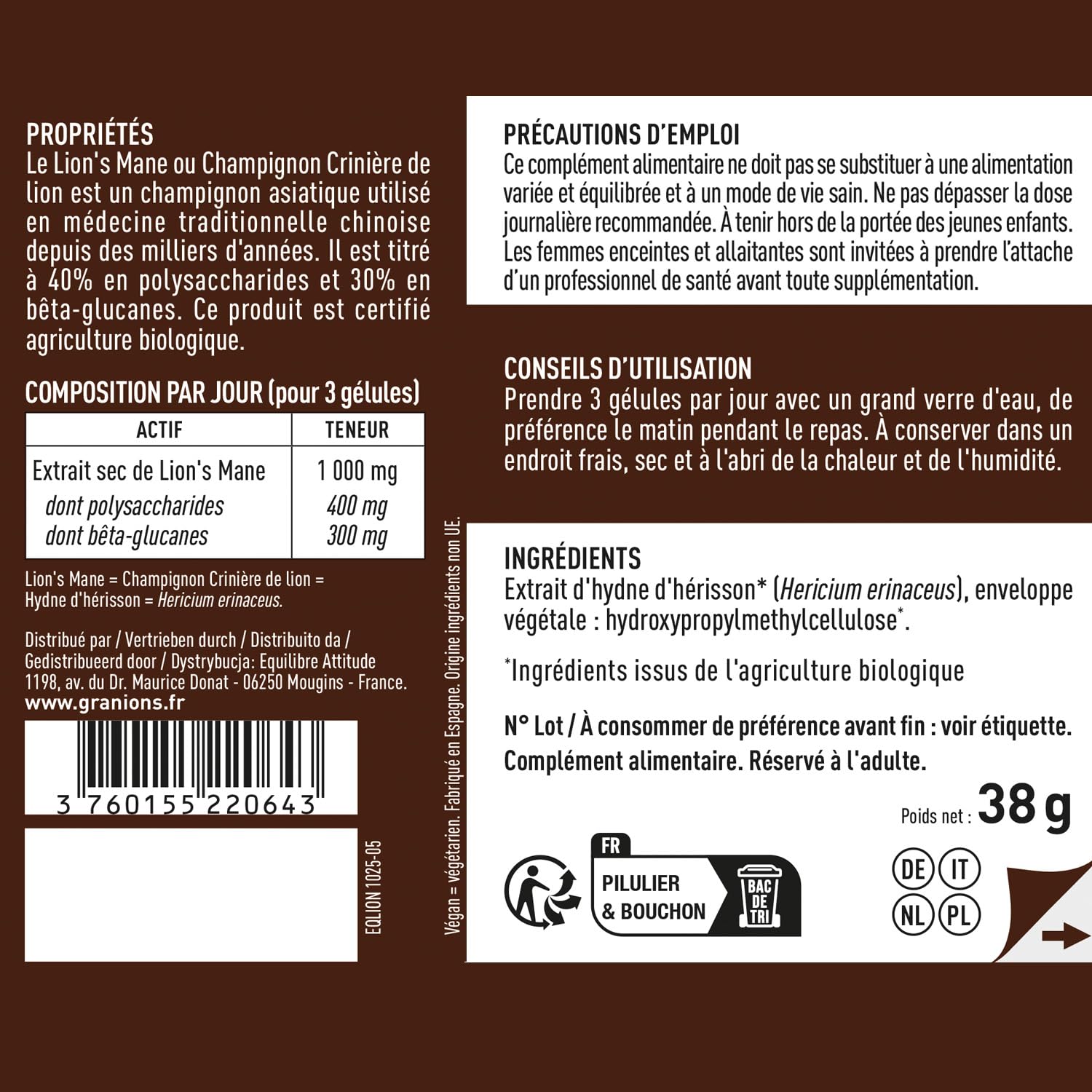 GRANIONS Lions Mane 10 000mg - Lions Mane Champignon Adaptogene Bio - Concentration - Focus - Lion's Mane - Champignons Vegan - 90 Gelules