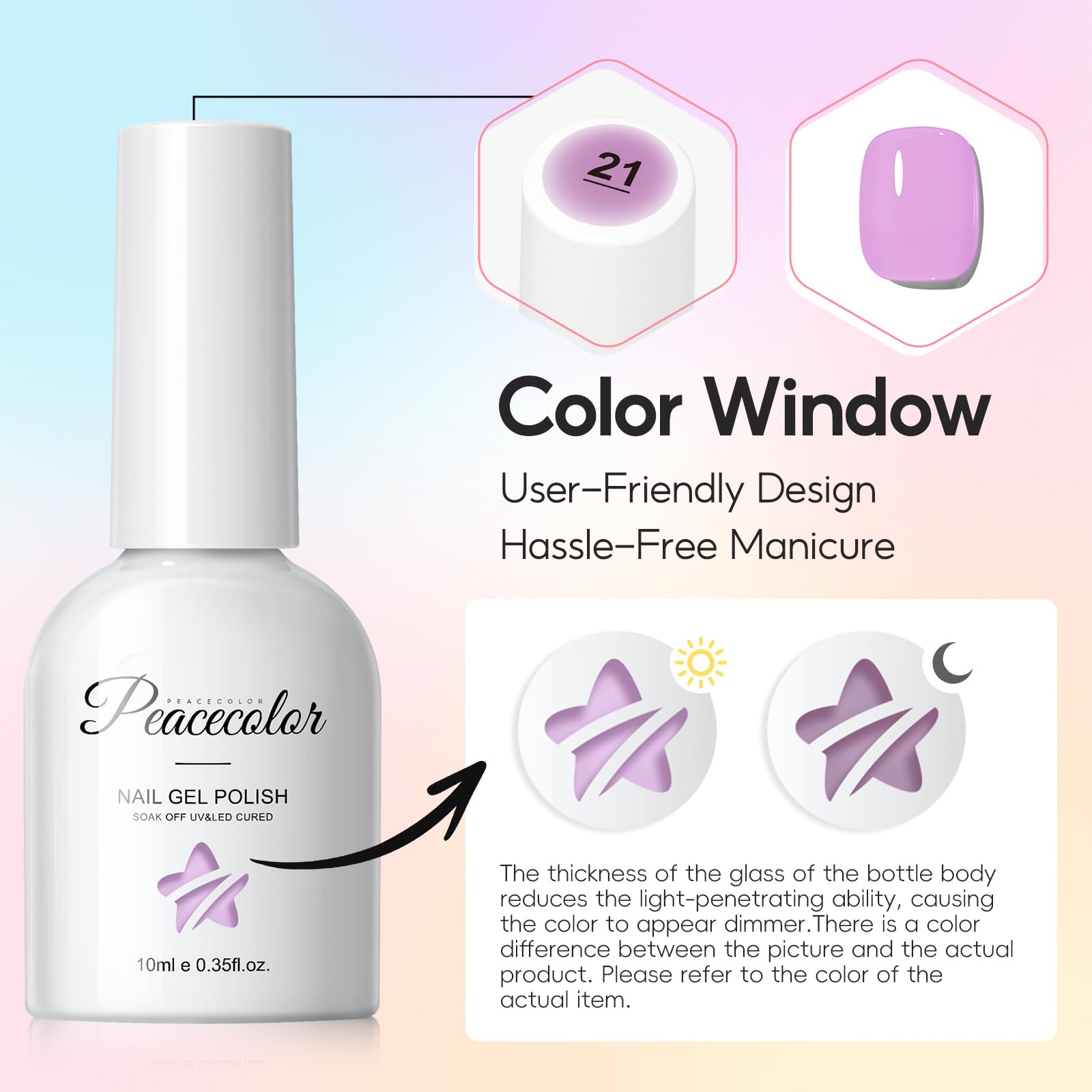 PEACECOLOR Lakier hybrydowy UV - 6 kolorów Jelly Gel Nail Polish Żółty Zielony Niebieski Różowy Fioletowy, Przezroczysty Lakier hybrydowy UV Stylizacja paznokci Manicure