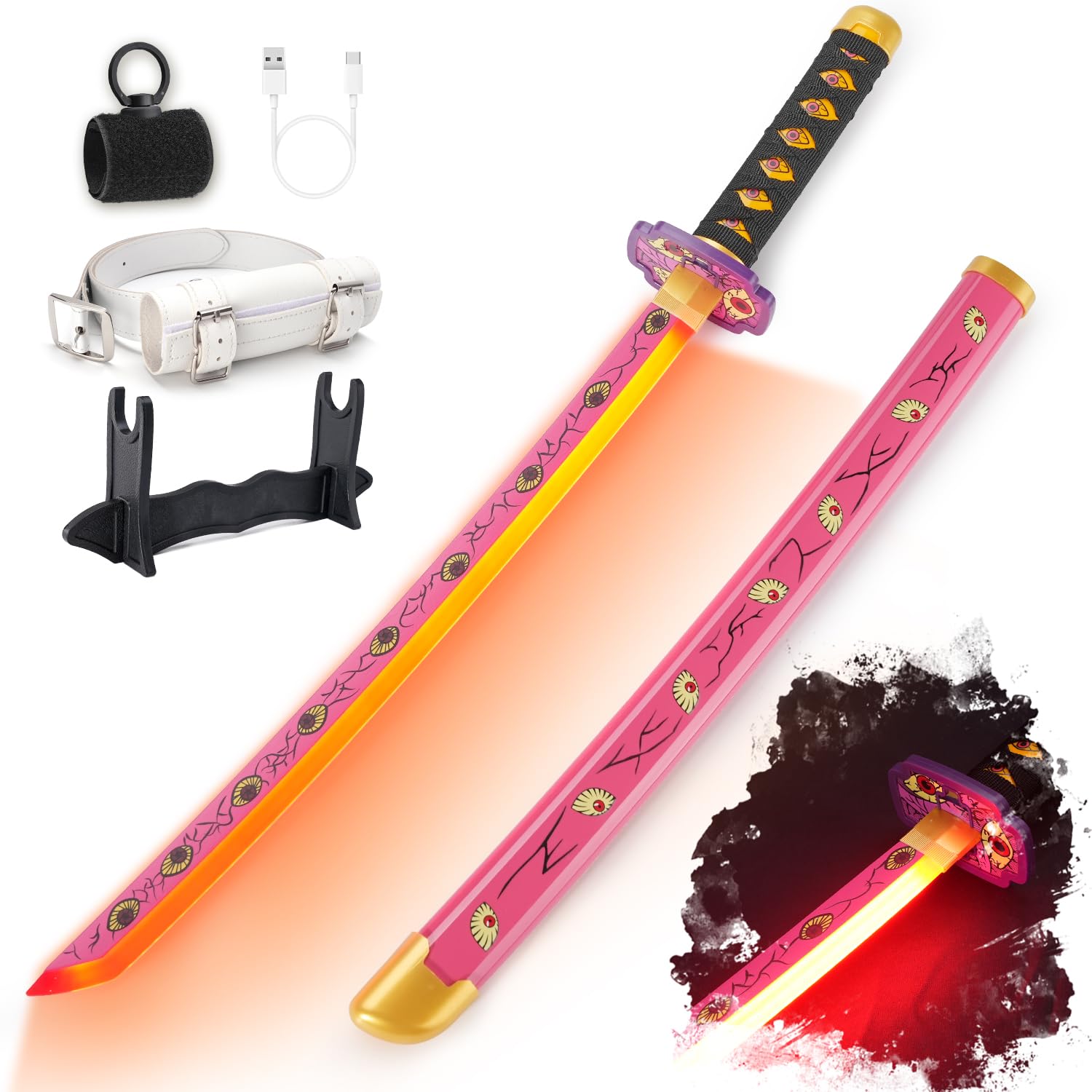 RG RENGENGRENGENG Light Up Sword, 30 Inches Short for Kids, Rechargeable Pre-Assembled Plastic Replica with Belt & Stand & Spinner, Original Texture Sword
