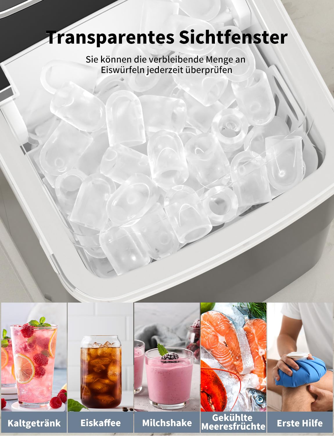 Eiswürfelmaschine, 12 kg in 24 Stunden, 9 Eiswürfel in 6 – 8 Minuten, automatisch, kompakt, tragbar, für Zuhause/Küche/Bar