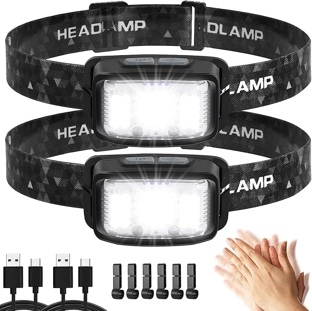 Head Torch 2 Packs,Super Bright 2000 Lumens Motion Sensor 16 Modes (individual Control) Headlamp,2000mAh Battery USB Rechargeable Waterproof LED Head Torch for Camping, Running,Cycling,Fishing