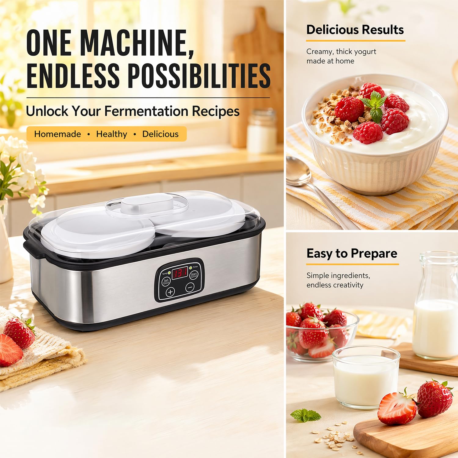 Yogurtiera automatica da 2 l, yogurtiera elettrica con temperatura e timer regolabili, indicatore LED con 2 contenitori in vetro per yogurt biologico, formaggio, natto, vino di riso