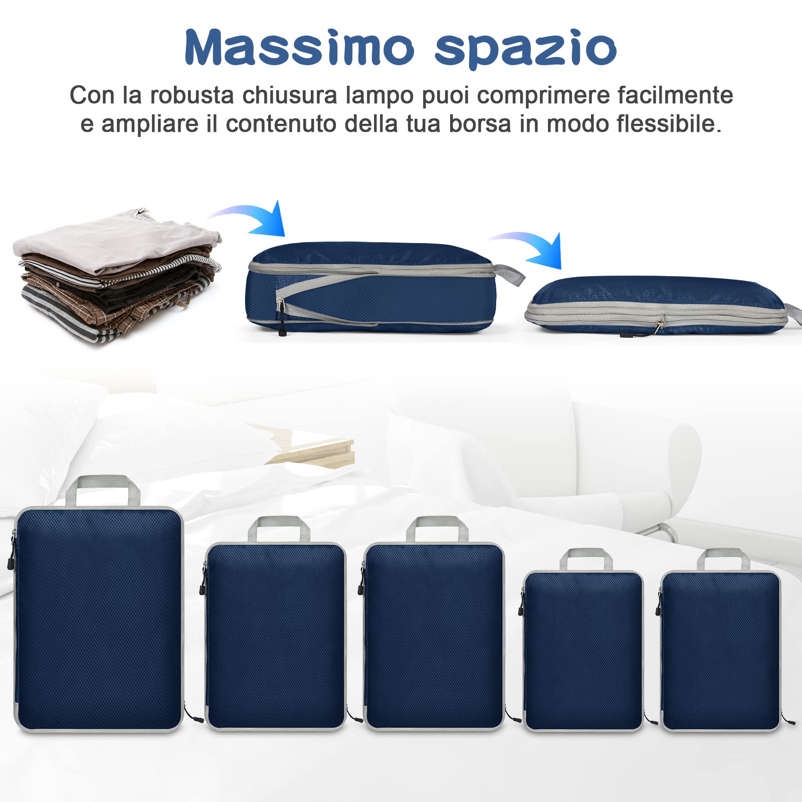Eucomir Set di 9 Organizer Valigia Cubi da Viaggio, Sacchetti di Organizzatore Estensibile Salvaspazio o Deposito per la Casa,Blu Navy