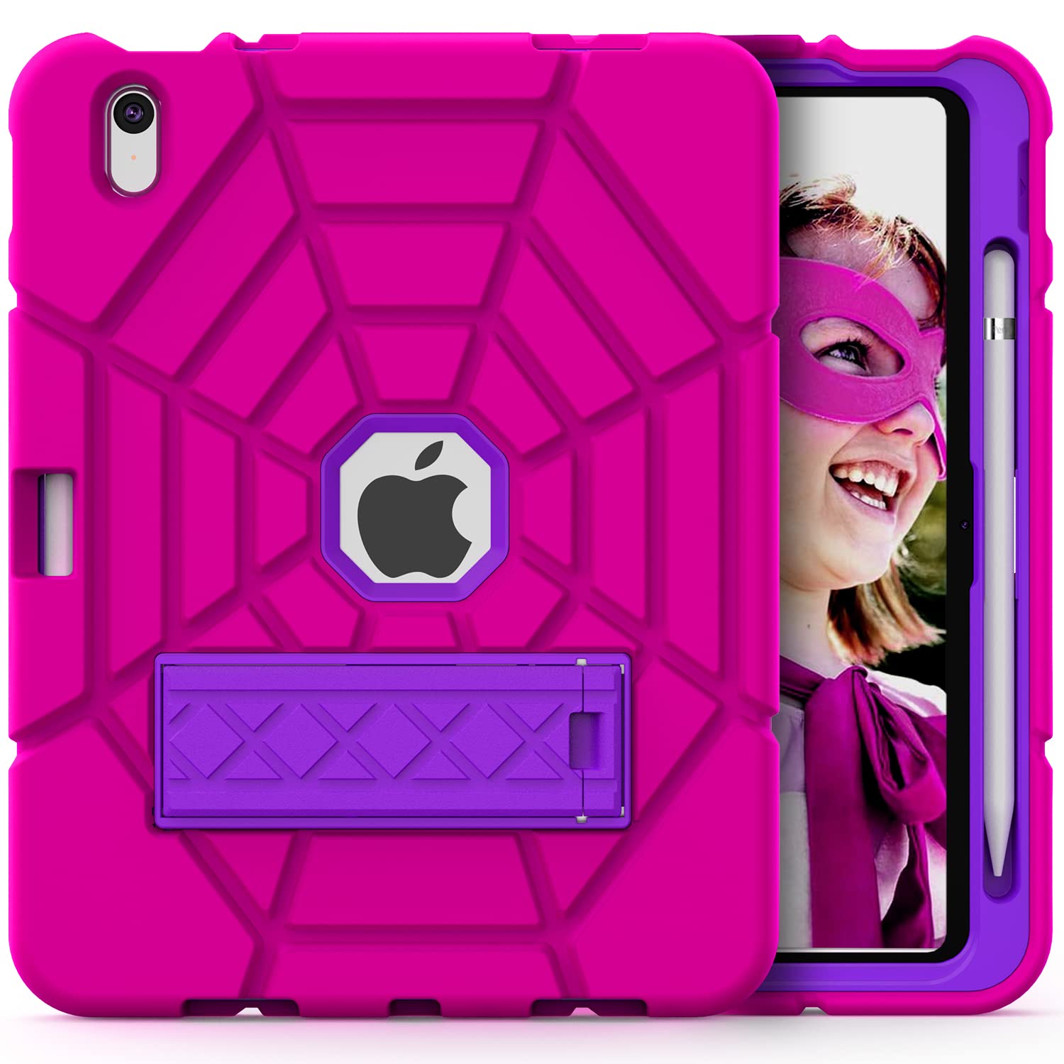 Grifobes Kids Case for iPad A16 11th Generation 2025 11-inch/iPad 10th Generation 2022 10.9 inch, Heavy Duty Shockproof Rugged 11/10 Gen Cover with Pencil Holder/Stand Boy Children (Rose+Purple)