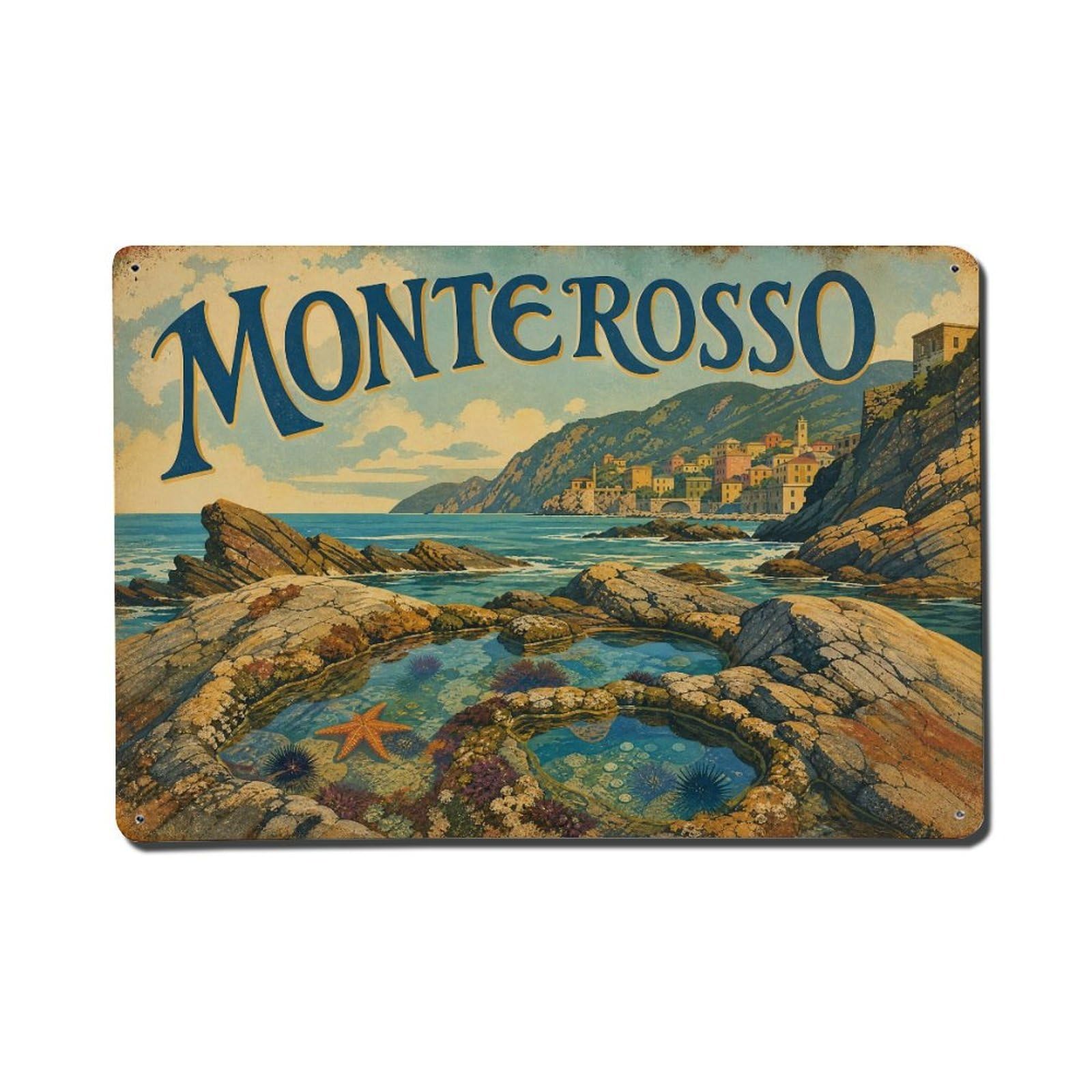 Vintage Travel Monterosso Rocky Shore Tide Pools Italy Metal Tin Sign