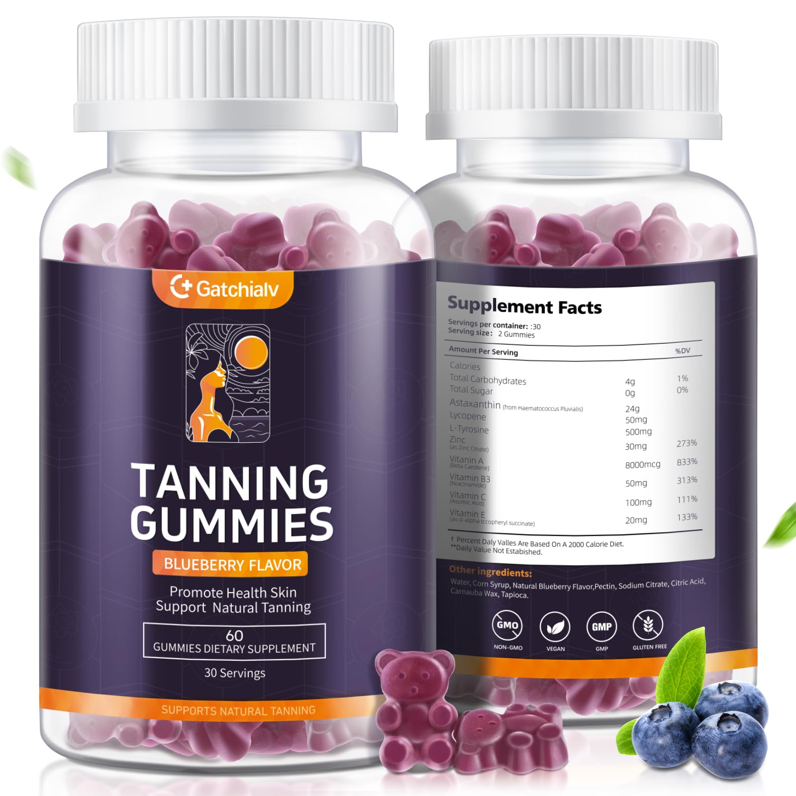 Tanning Gummies - Self Tan Bronzing Supplement that Work Without Sun - No Sugar Vegan with Astaxanthin Lycopene Beta Carotene and Vitamins-60 Count